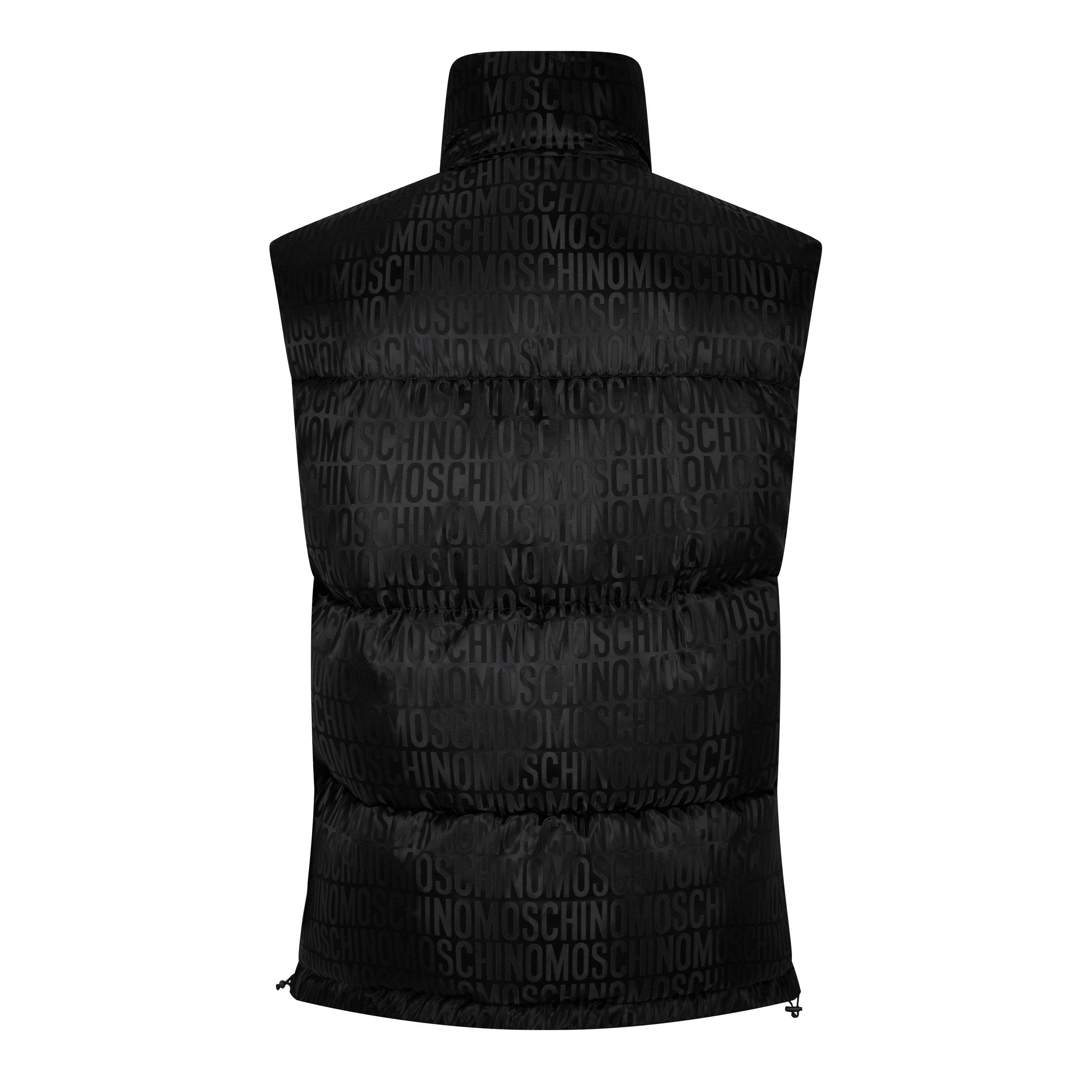 Black - Moschino - Men's All Over Logo Waterproof Padded Funnel Neck Sleeveless Gilet - 5