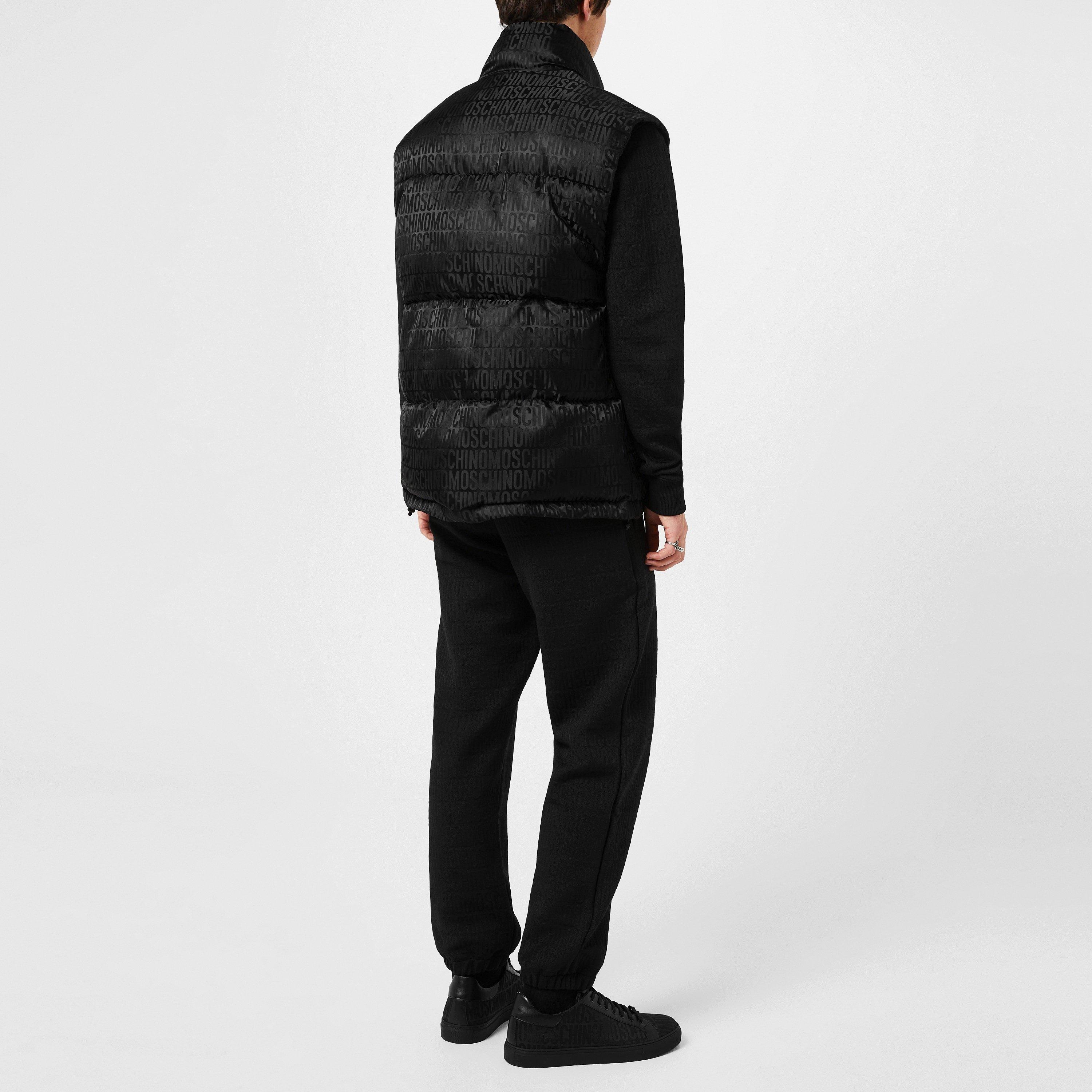 Black - Moschino - Men's All Over Logo Waterproof Padded Funnel Neck Sleeveless Gilet - 3