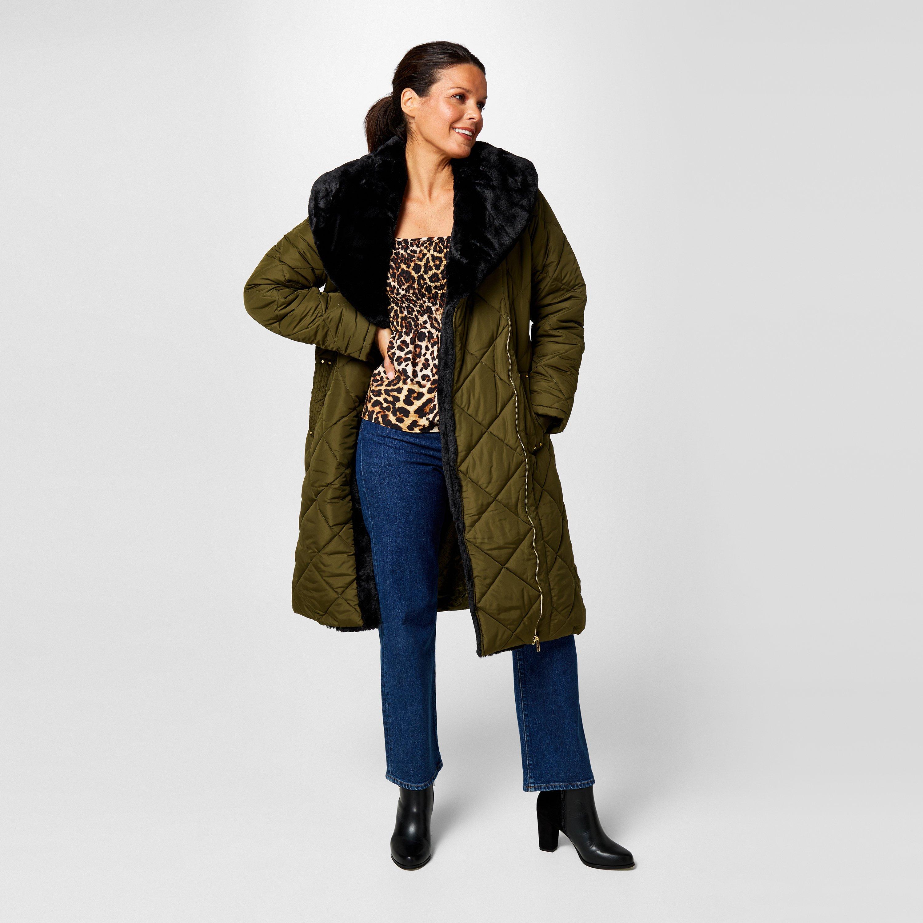 Kaki - Biba - Women's  Water Resistant Faux Fur Collar Long Sleeve Short Puffer Jacket - 4