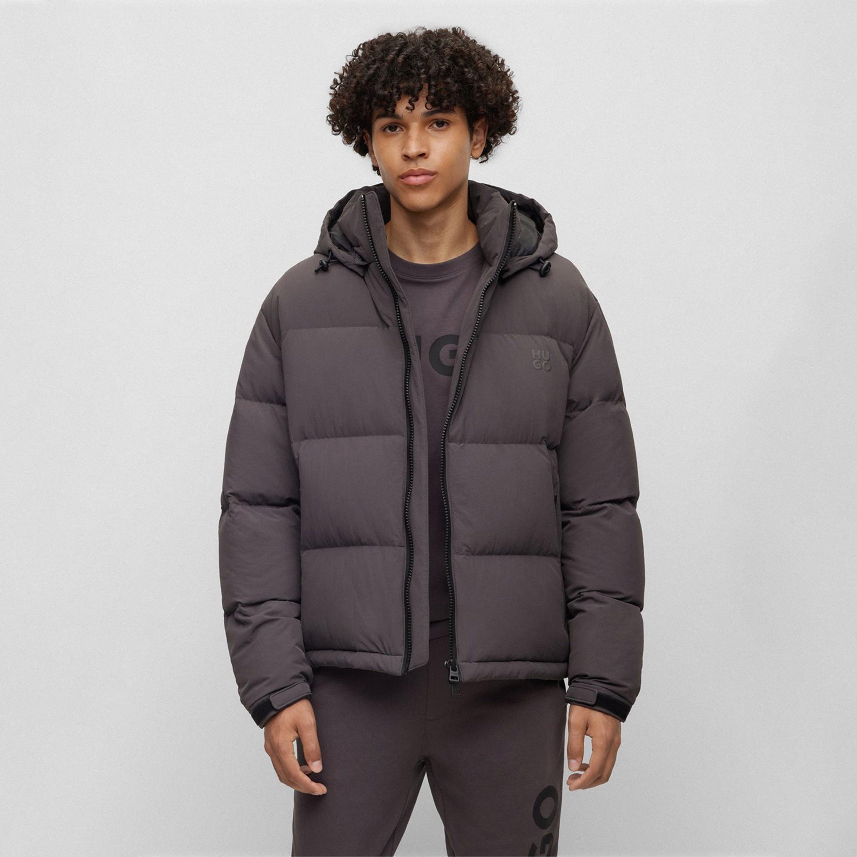 Dark Grey 023 - Hugo - Men's Bironto Water Resistant Wind Resistant Duck Down Detachable Hood Short Puffer Jacket - 2
