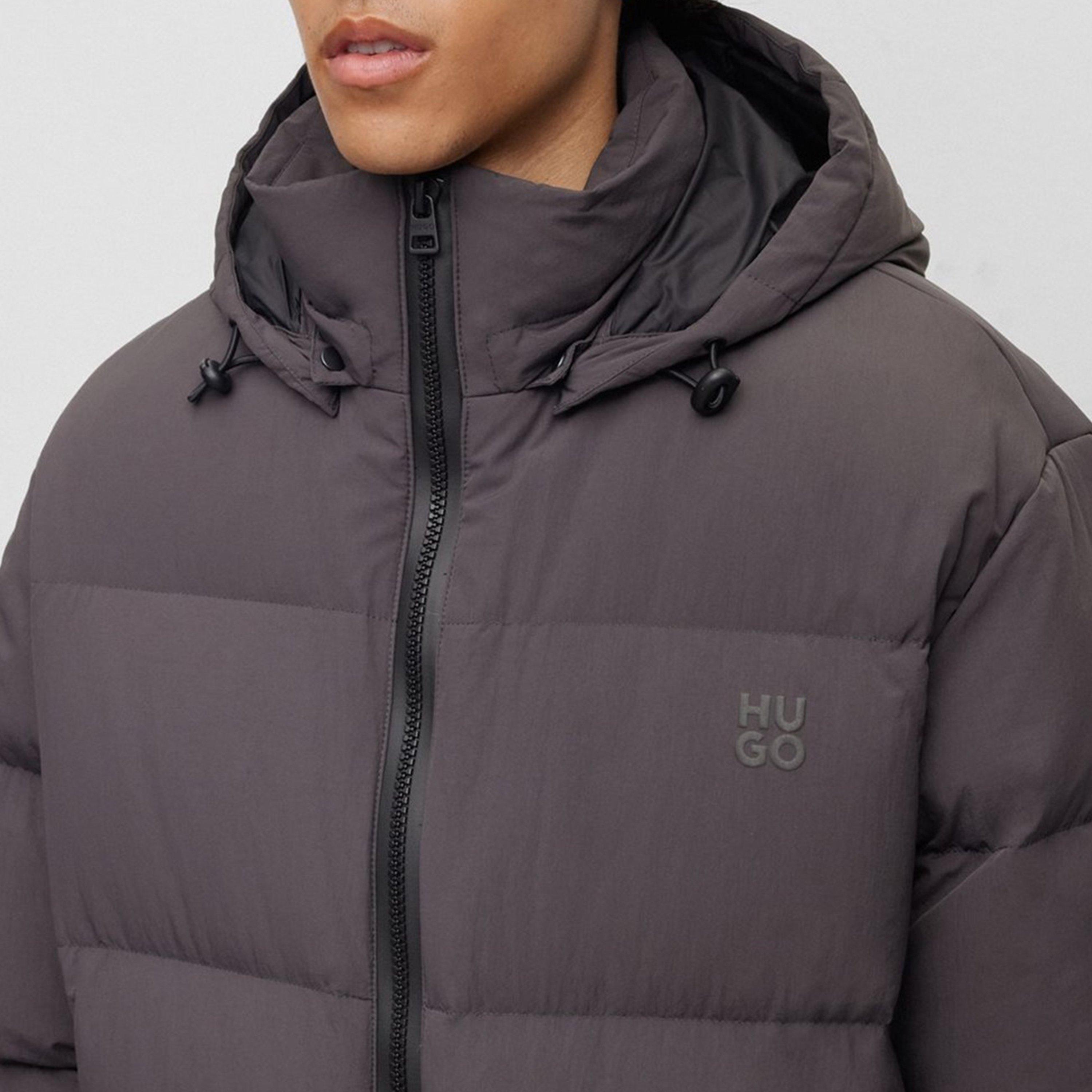 Dark Grey 023 - Hugo - Men's Bironto Water Resistant Wind Resistant Duck Down Detachable Hood Short Puffer Jacket - 4