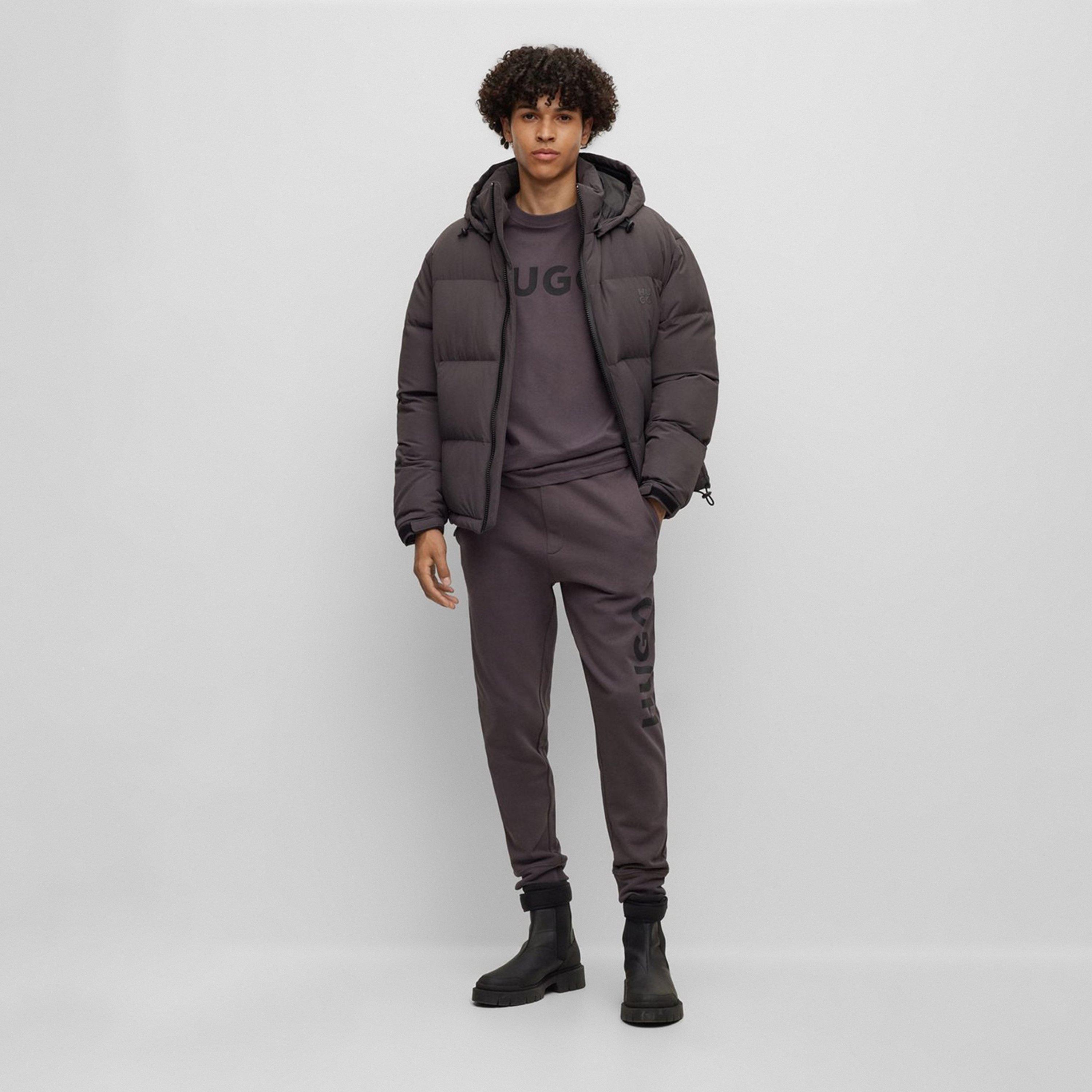 Dark Grey 023 - Hugo - Men's Bironto Water Resistant Wind Resistant Duck Down Detachable Hood Short Puffer Jacket - 5