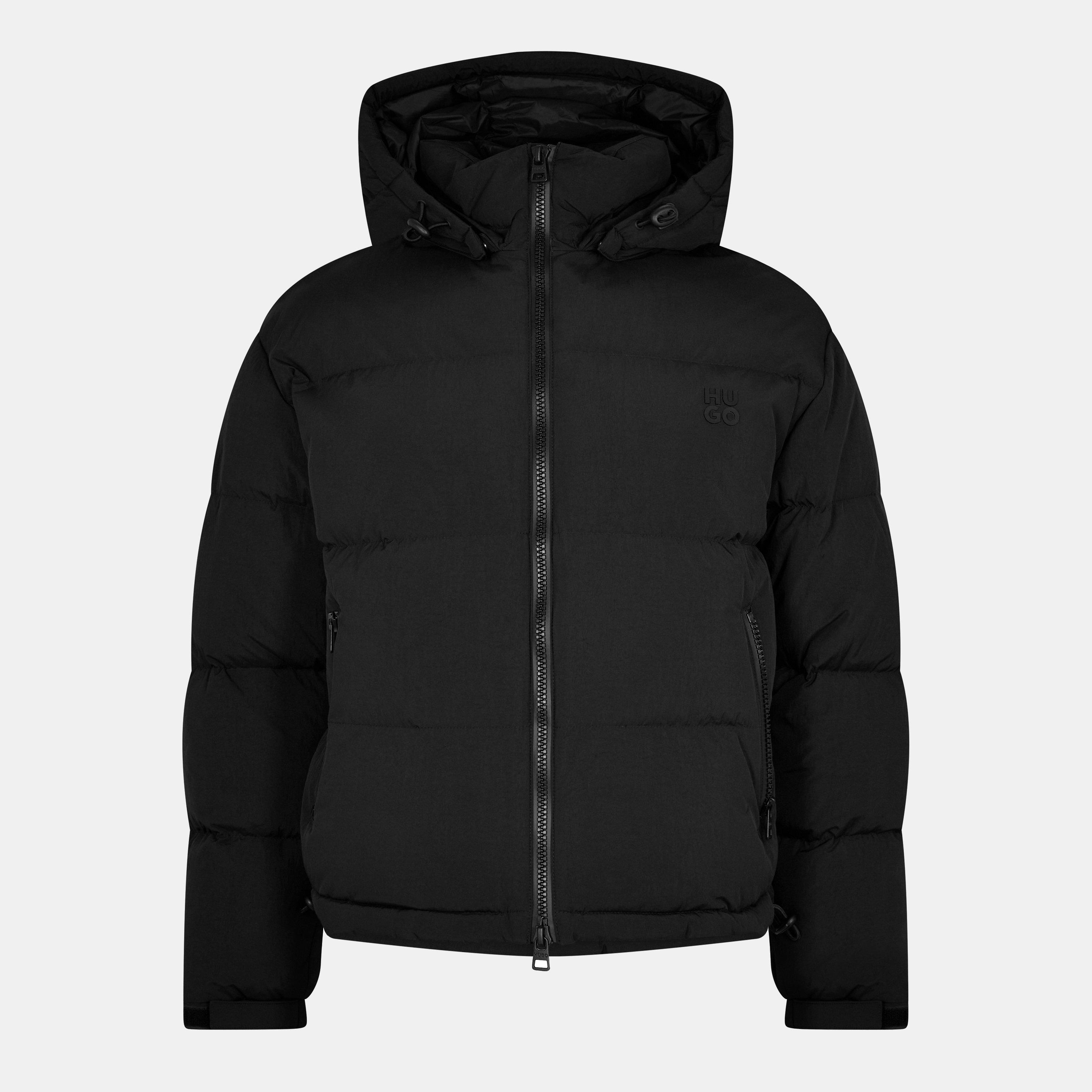 Black - Hugo - Men's Bironto Water Resistant Wind Resistant Duck Down Detachable Hood Short Puffer Jacket - 1