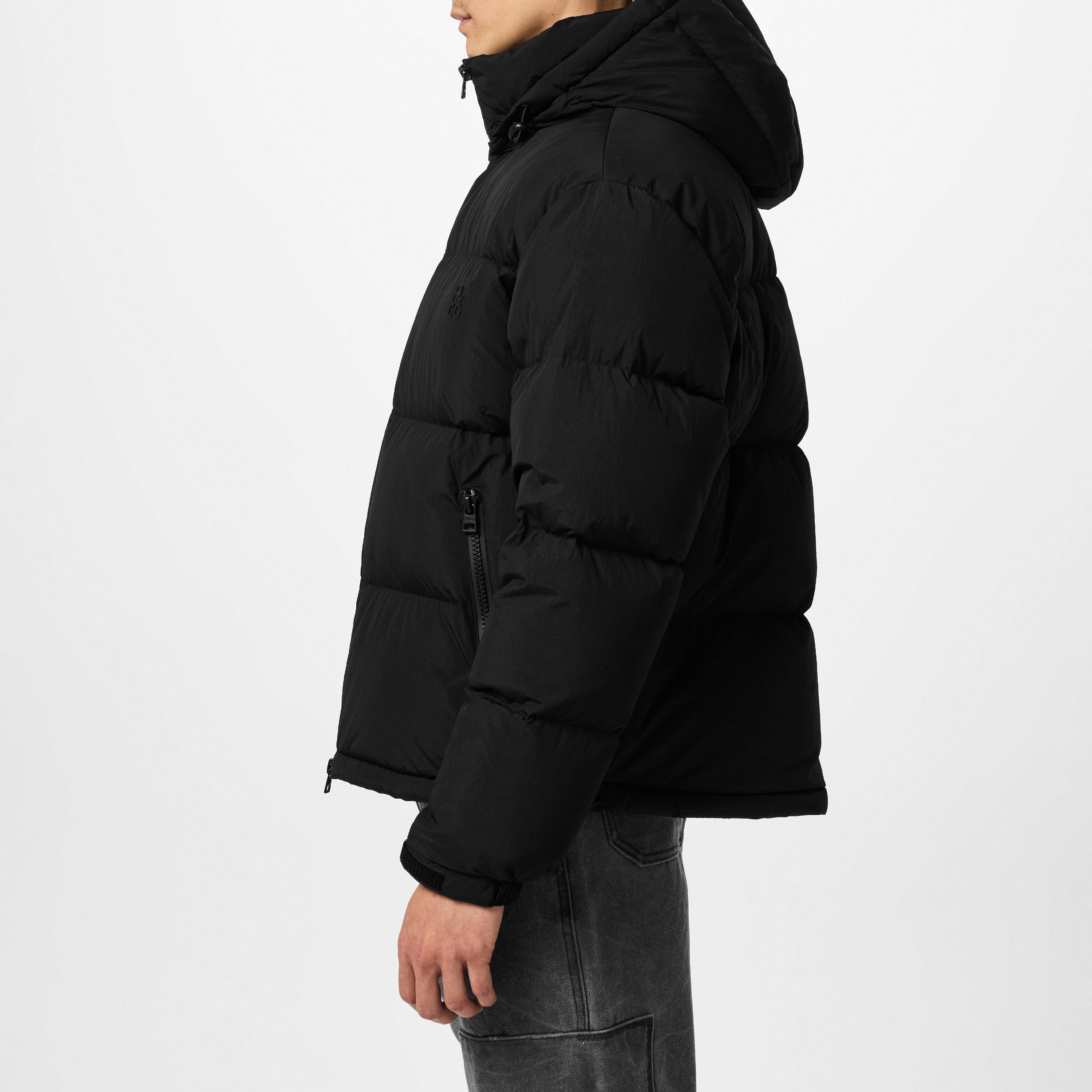 Black - Hugo - Men's Bironto Water Resistant Wind Resistant Duck Down Detachable Hood Short Puffer Jacket - 4