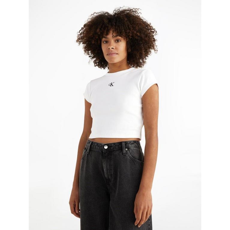 Blanc - Calvin Klein Jeans - Calvin Klein Mono Rib Cropped T Shirt - 2