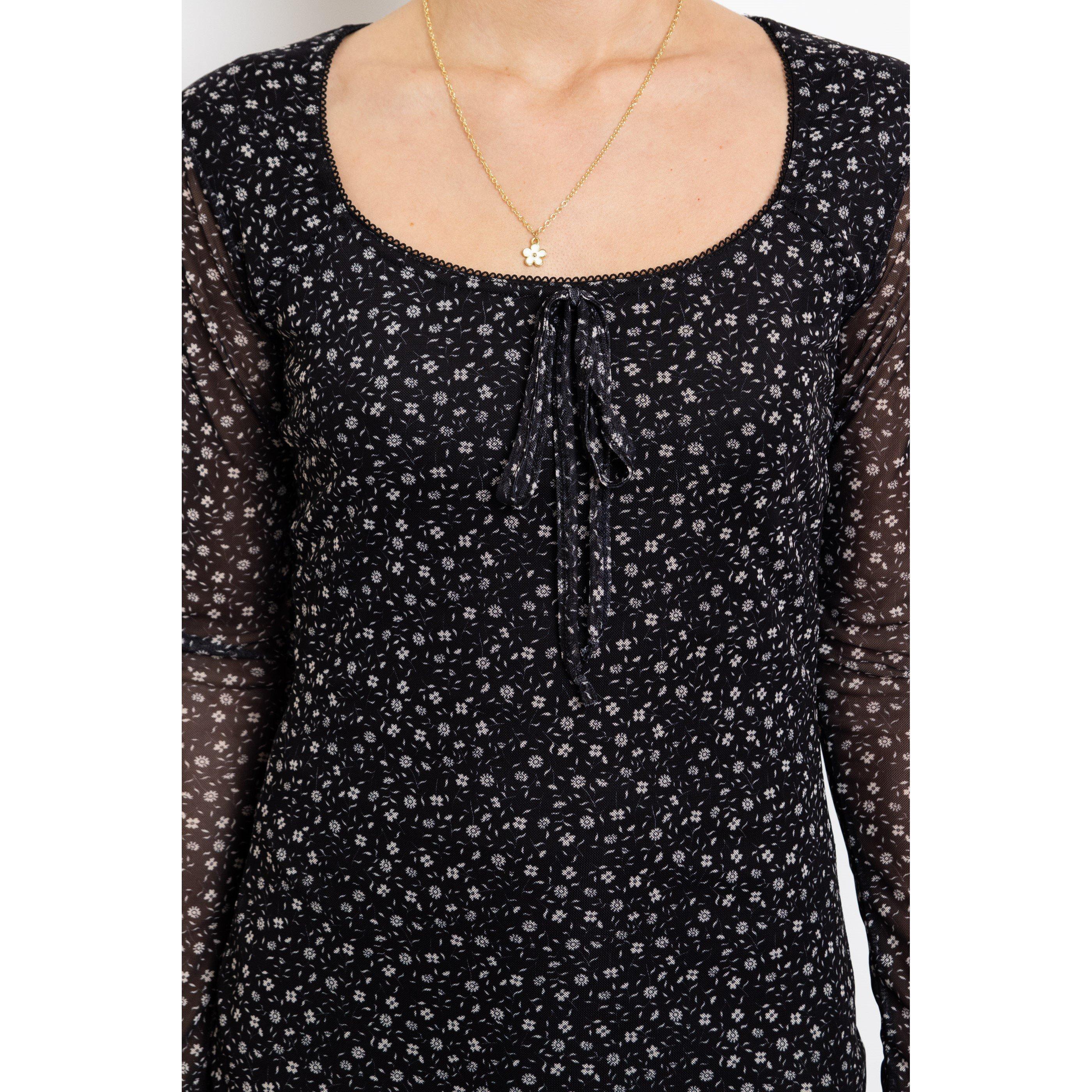 Schwarze Blumenmuster - Daisy Street - Women's Mesh Long-Sleeve Mini Dress - 2