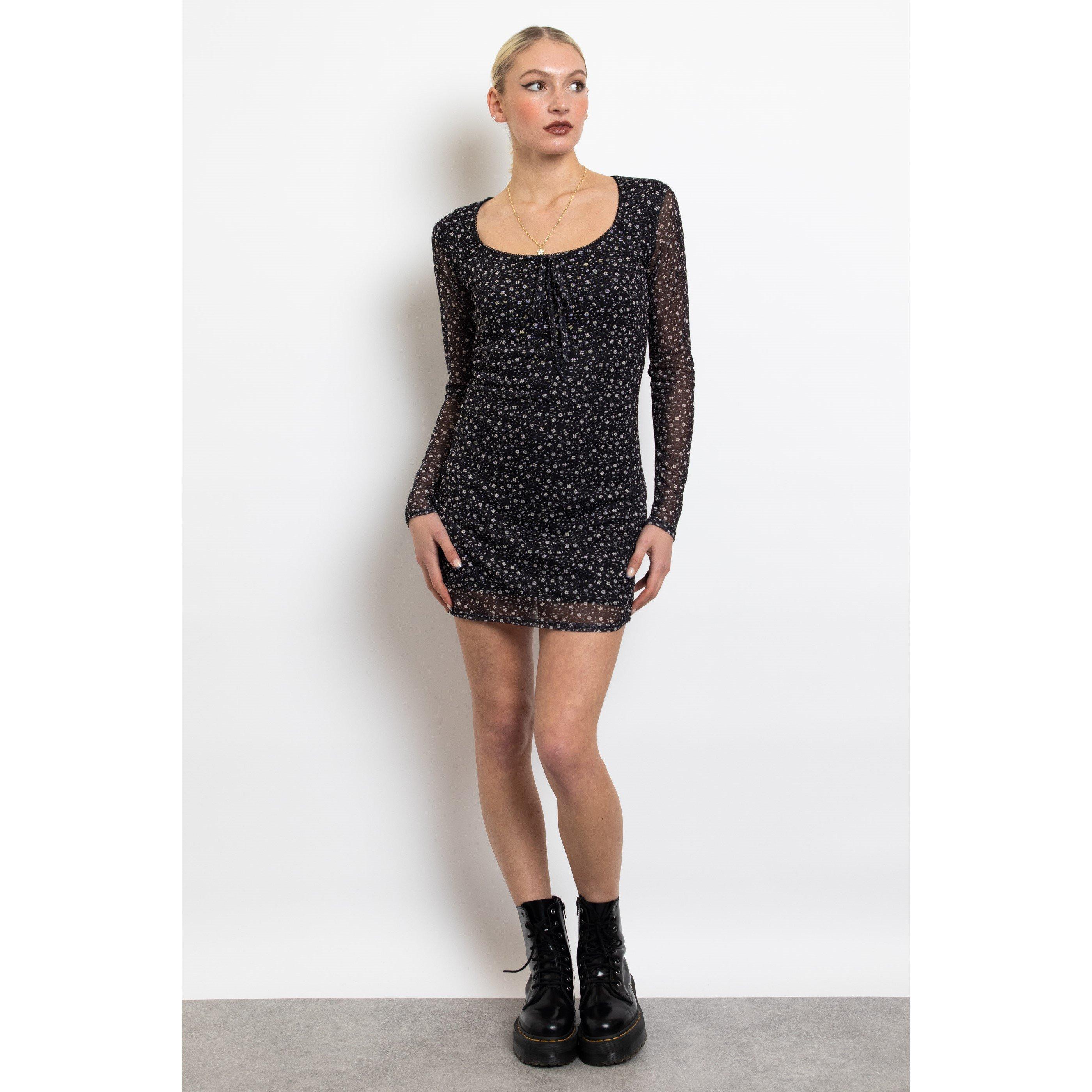 Schwarze Blumenmuster - Daisy Street - Women's Mesh Long-Sleeve Mini Dress - 6