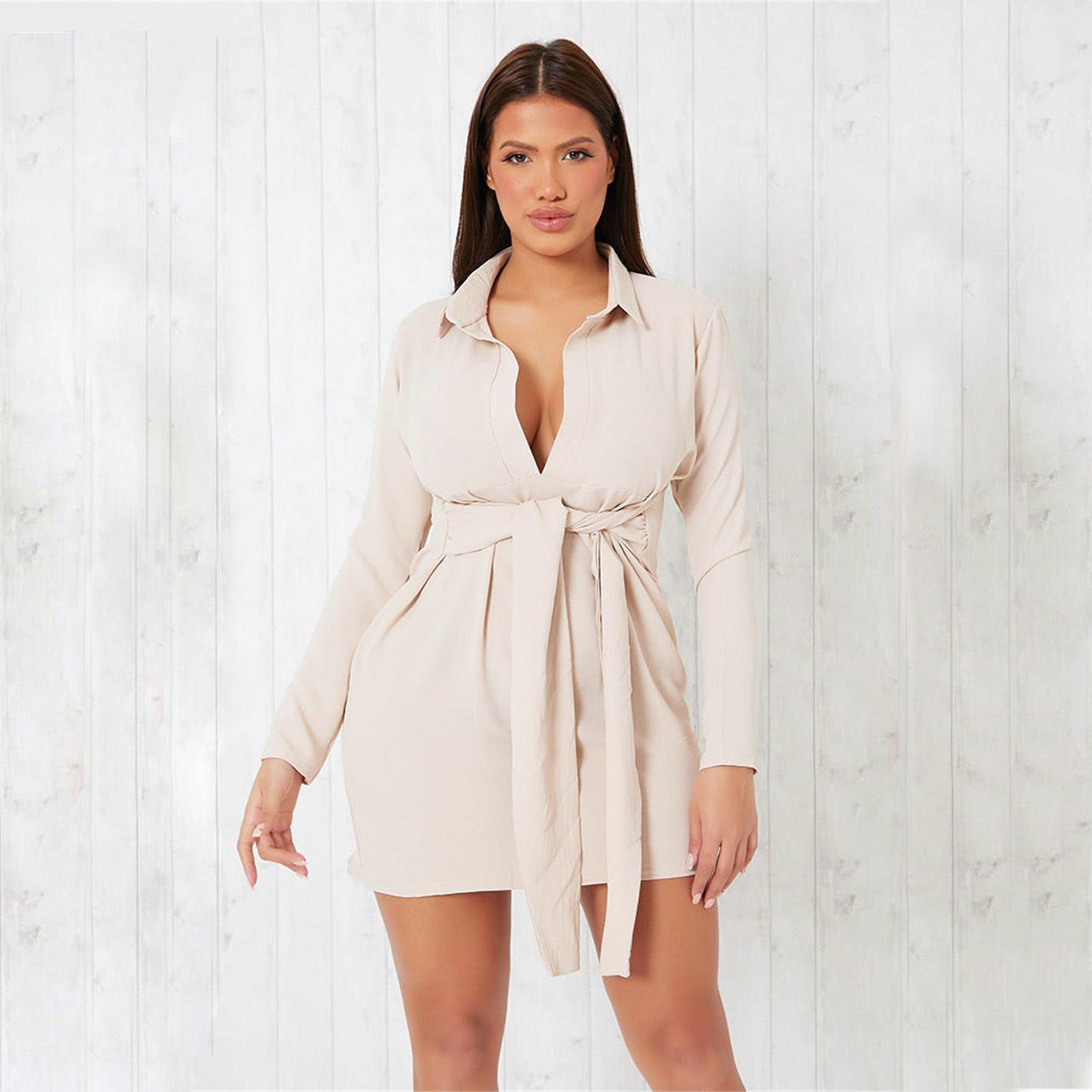 Brown - I Saw It First - ISAWITFIRST Woven Tie Front Shirt Dress - 3