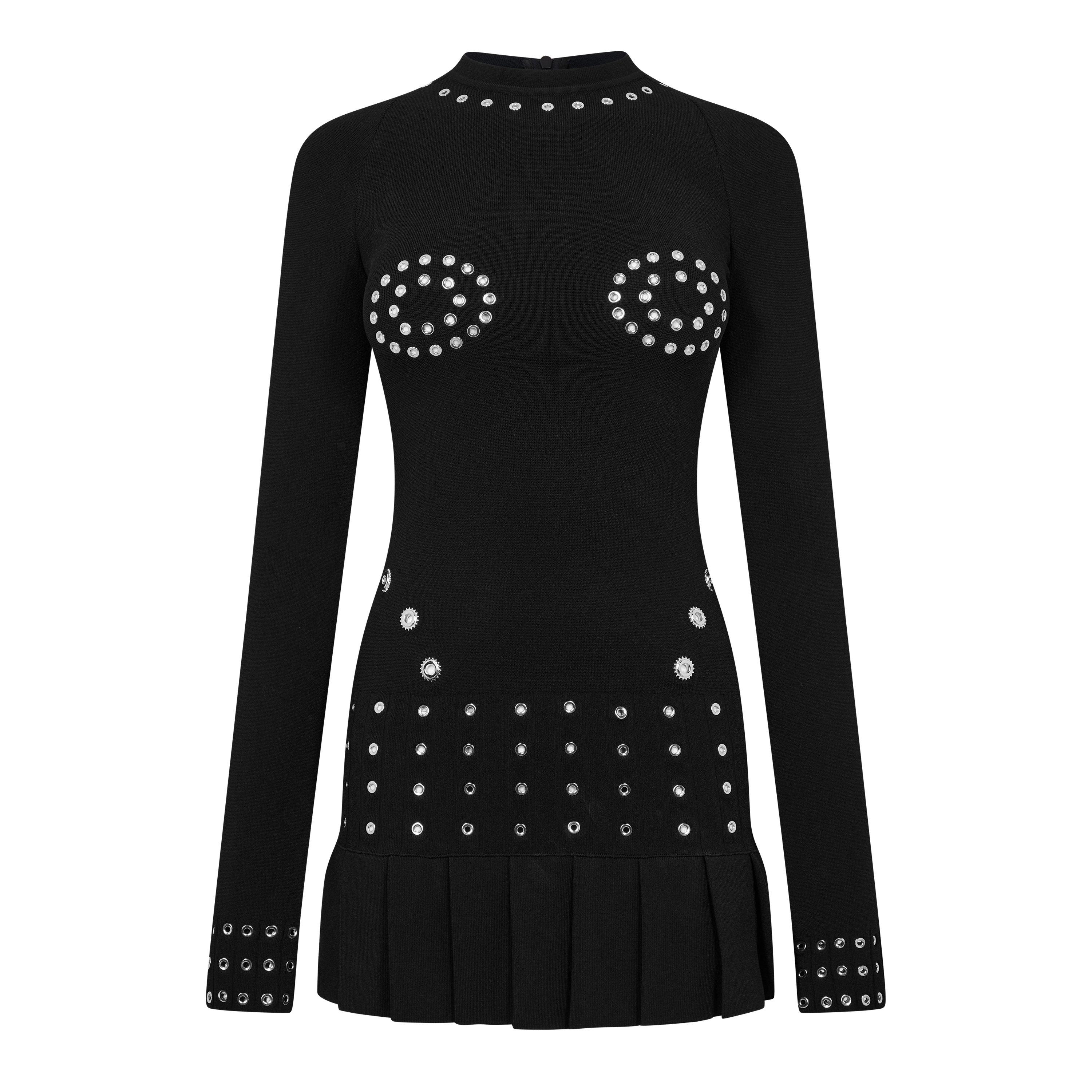 Black - Off White - Women's Eyelet Pleated Mini Dress - 1