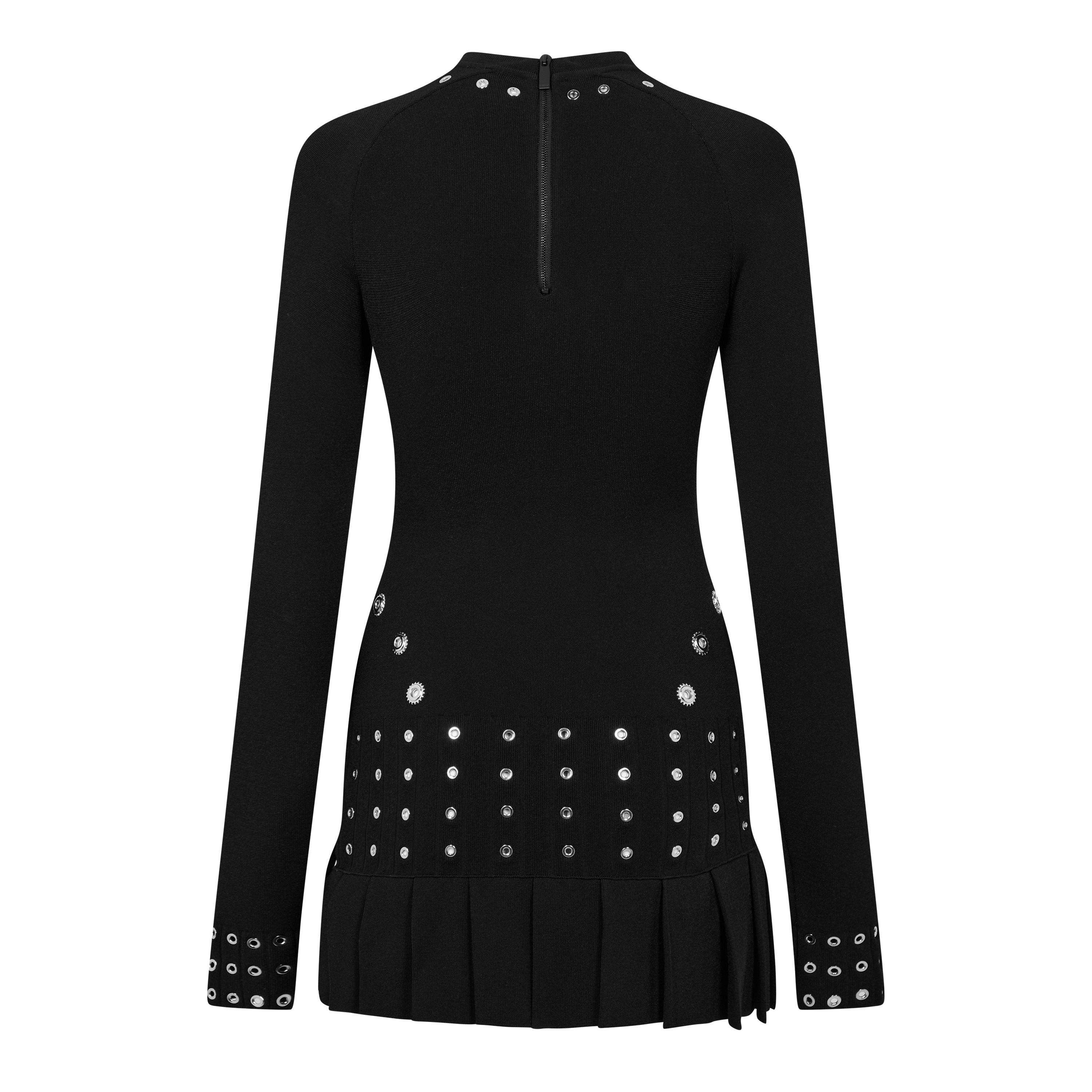 Black - Off White - Women's Eyelet Pleated Mini Dress, Eyelet Pleated Design - 2