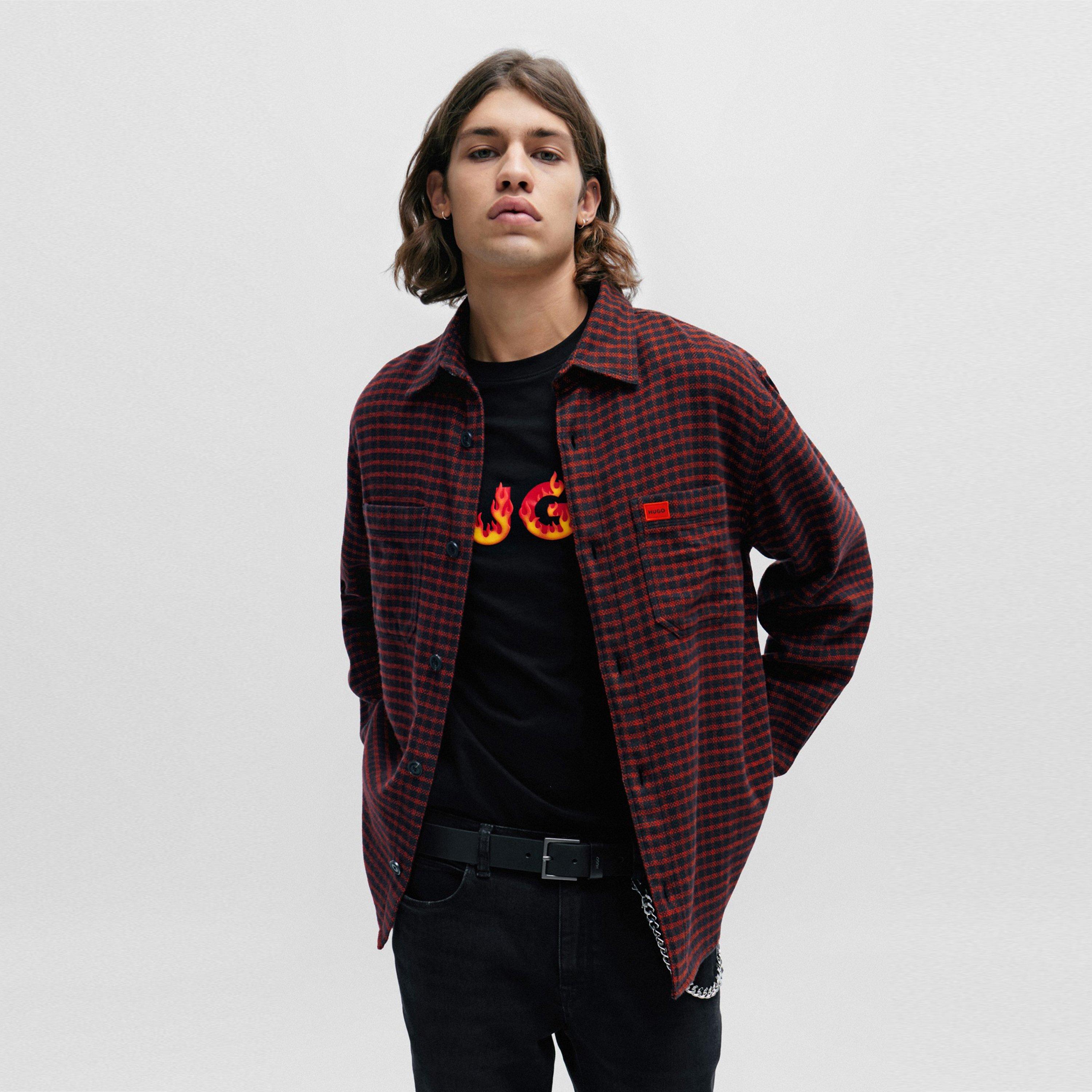 Open Pink 693 - Hugo - Men's  Oversized Checked Flannel Cotton Long Sleeve Overshirt - 2