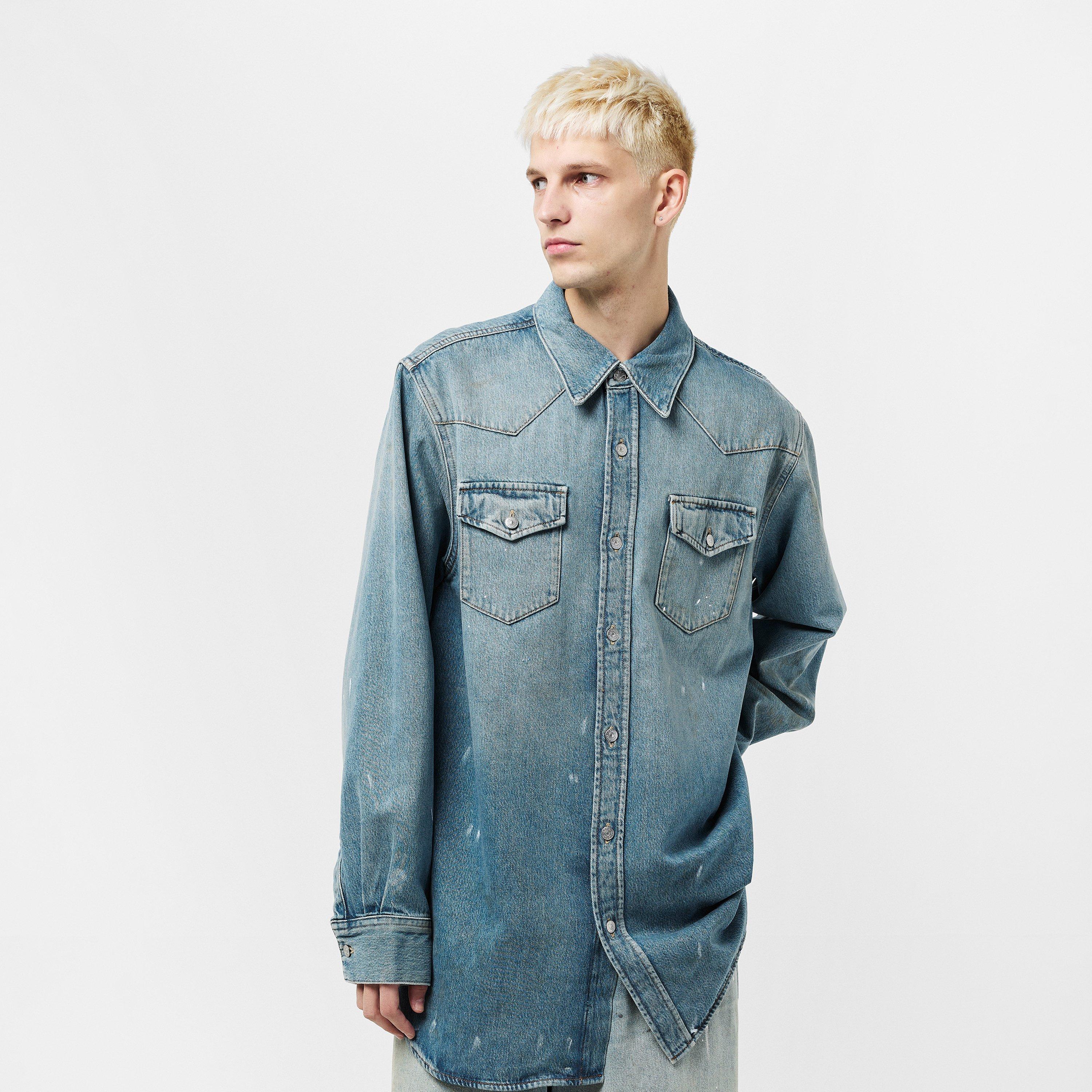 Blue - Acne Studios - Men's  Distressed Organic Cotton Long Sleeve Oversized Fit Overshirt - 3