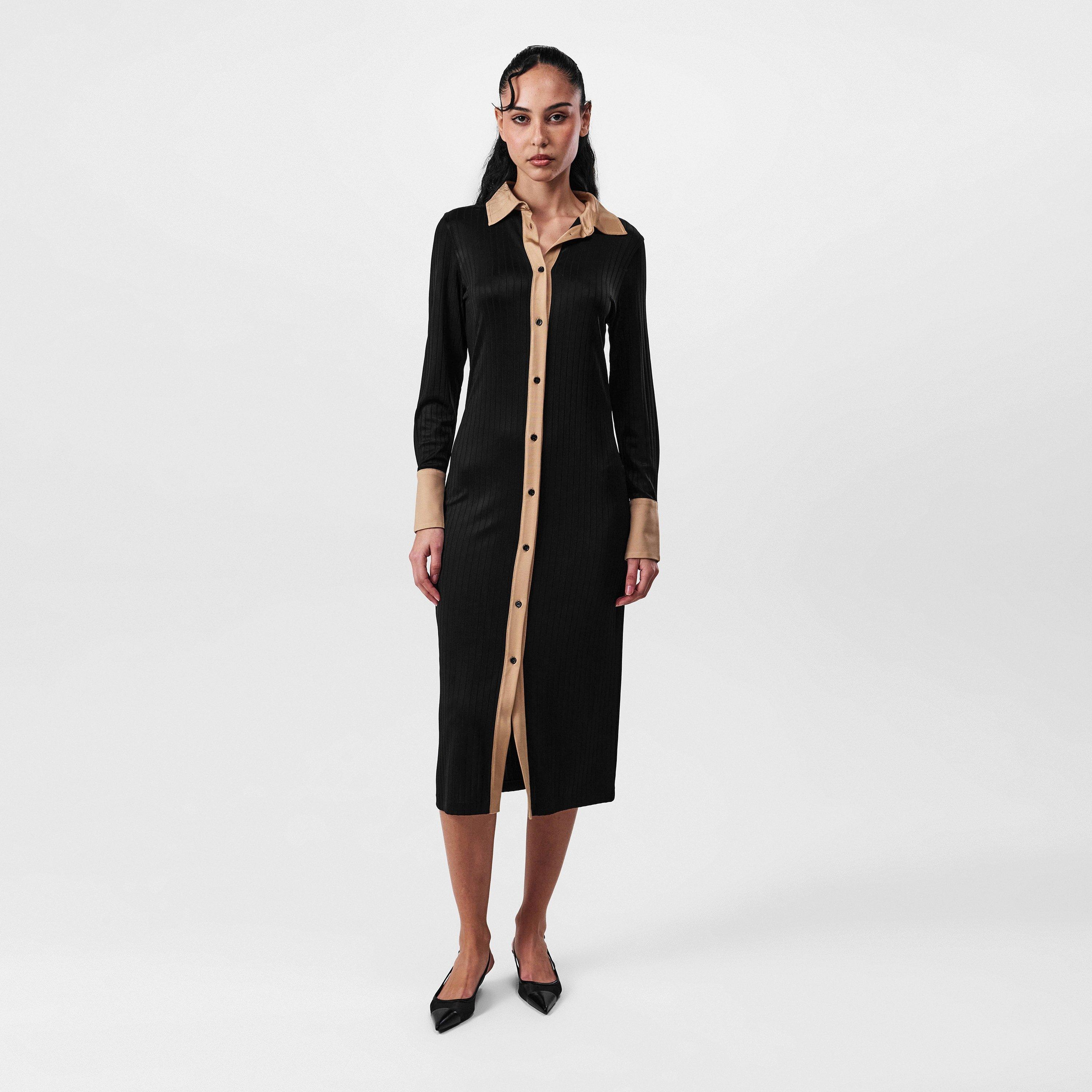 Black 001 - Boss - Women's Elanta Ribbed Jersey Long Sleeve Shirt Dress - 1