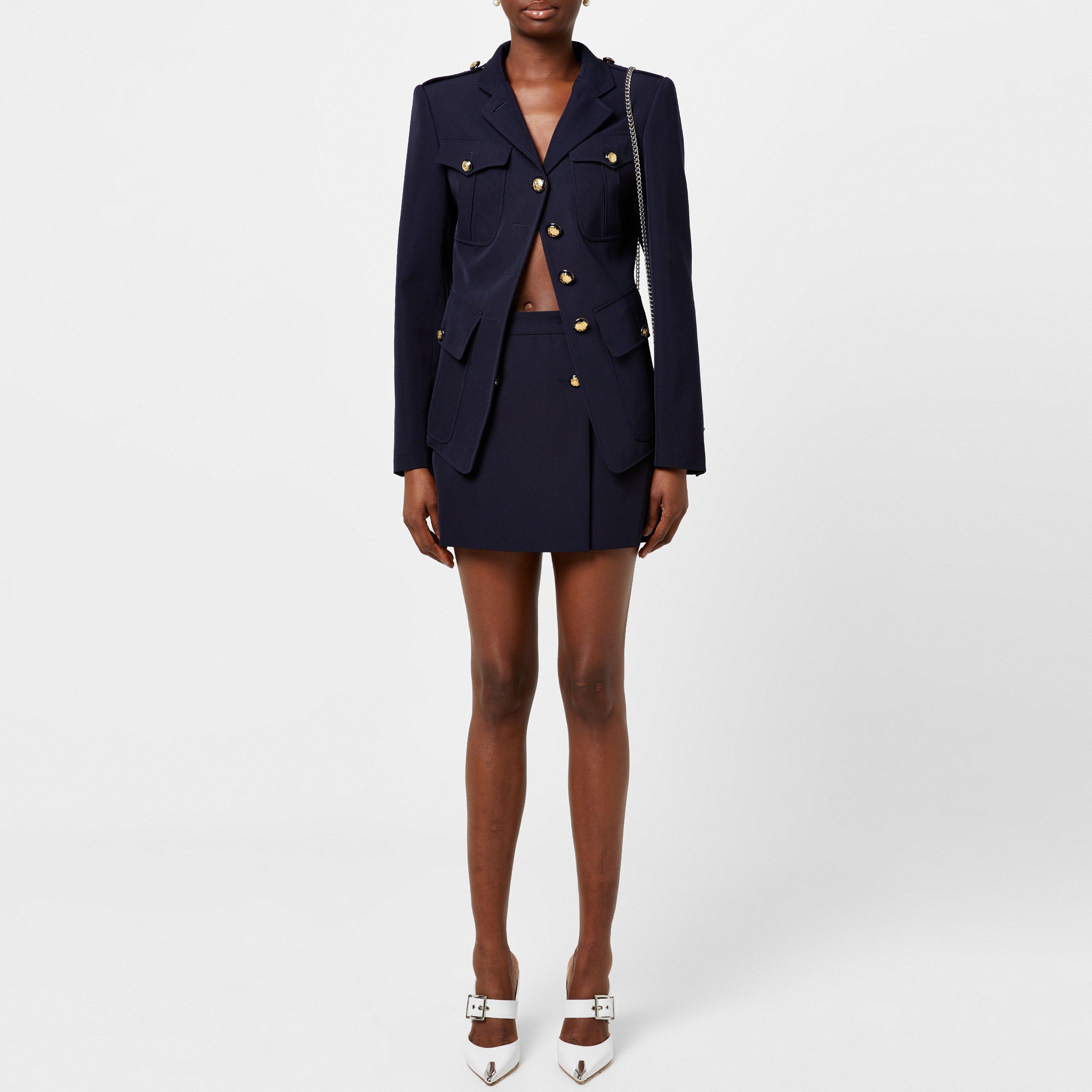 Navy - Alexander McQueen - Women's  Asymmetrical Military Wool Stand Collar Field Jacket - 4