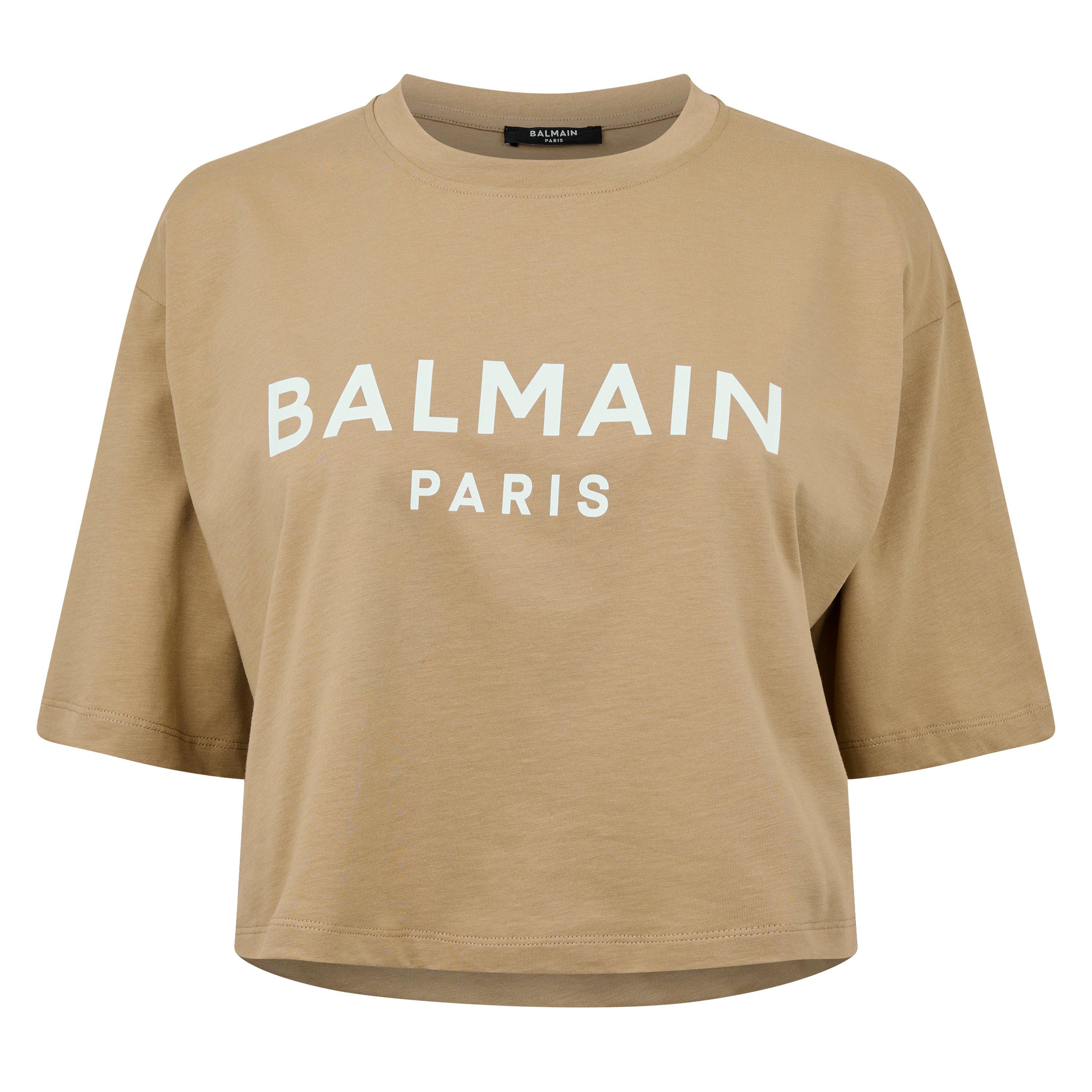 Gvq Beige/Blanc - Balmain - Logo Print Cropped T-Shirt - 5
