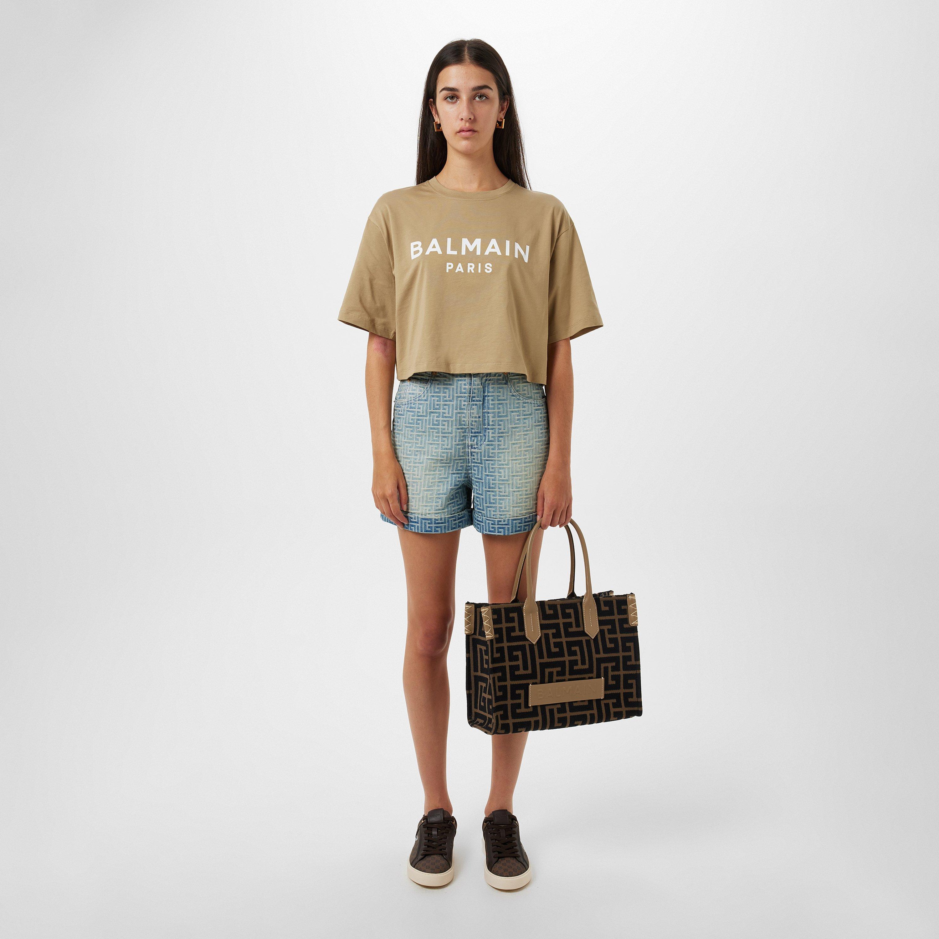 Gvq Beige/Blanc - Balmain - Logo Print Cropped T-Shirt - 4