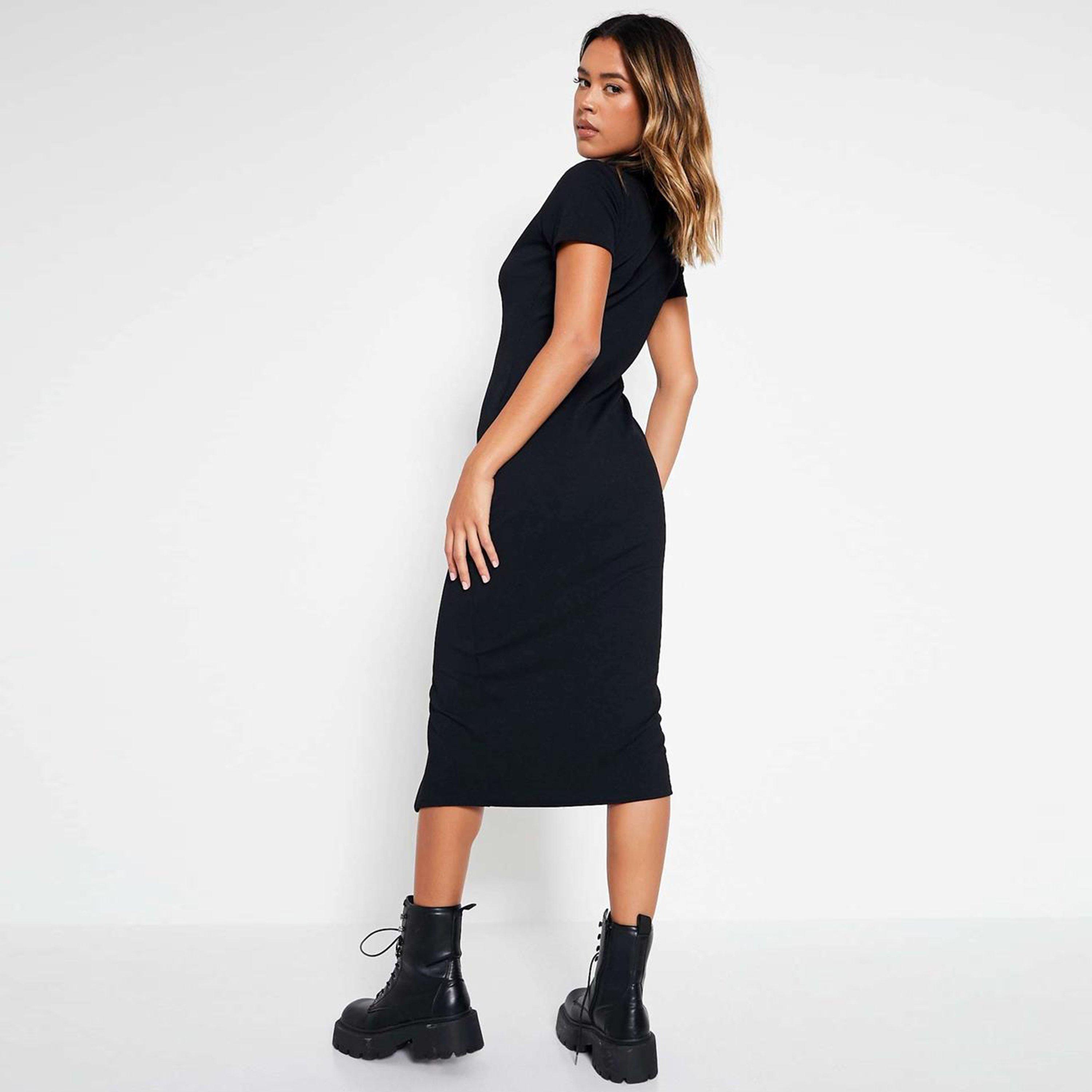 Black - I Saw It First - ISAWITFIRST Rib Short Sleeve Collar Button Down Midi Dress - 4