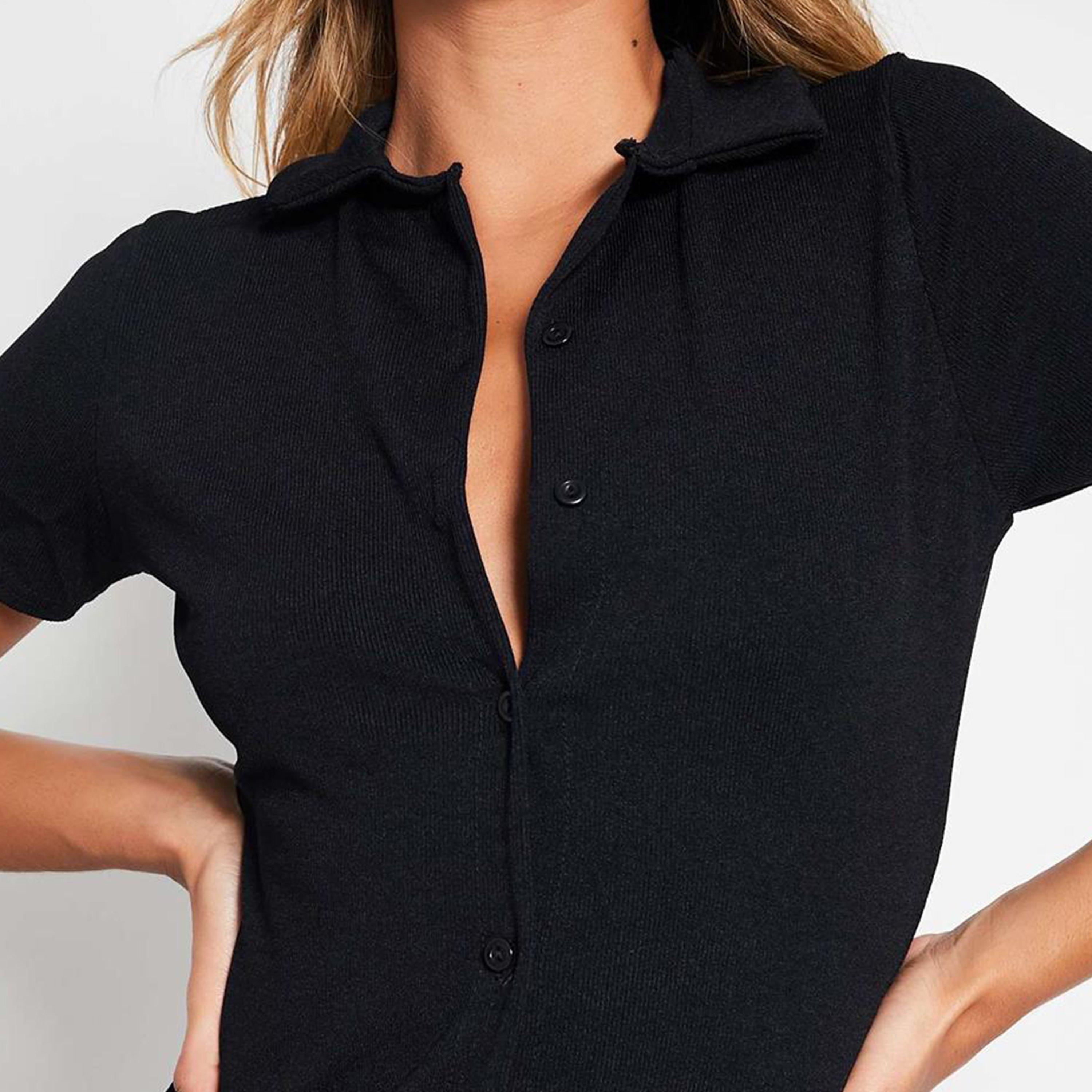 Black - I Saw It First - ISAWITFIRST Rib Short Sleeve Collar Button Down Midi Dress - 5