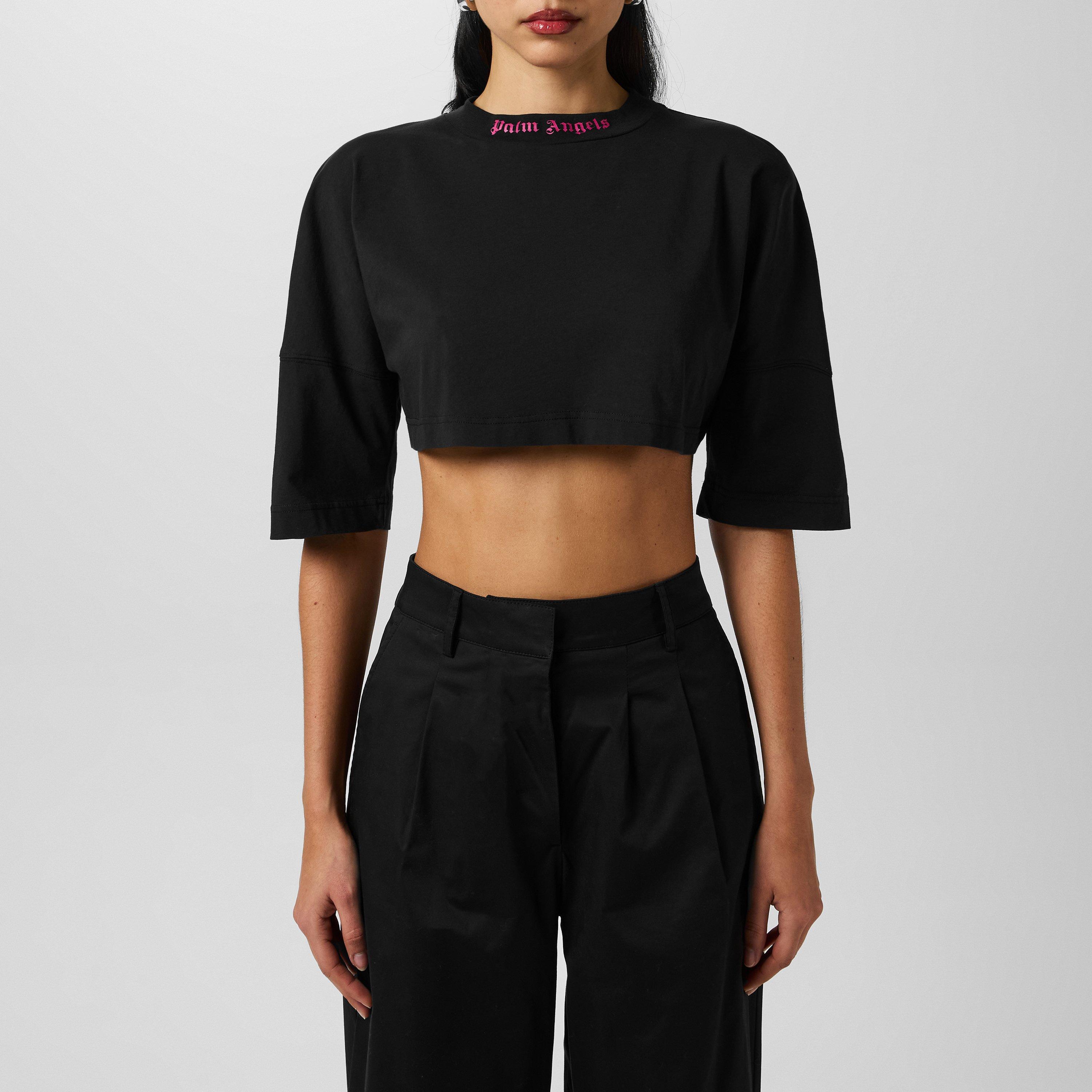 Palm Angels Logo Crop T-Shirt - Black/Pink - Size 10 (S)