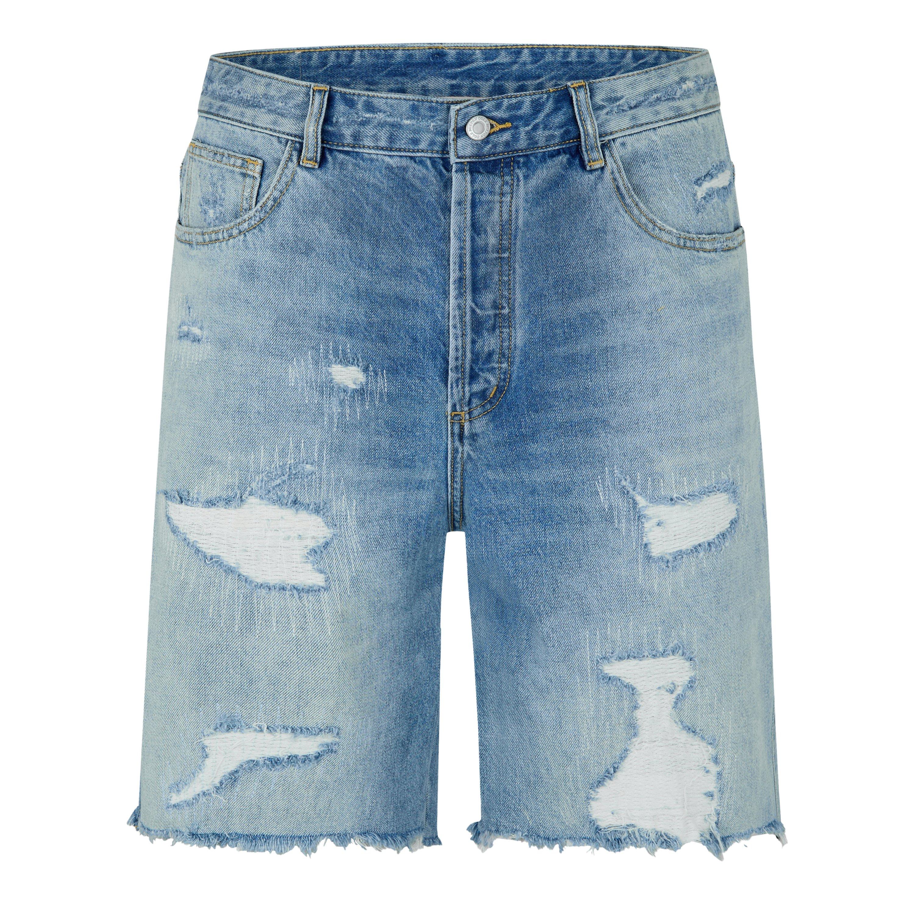 Blue - Cole Buxton - Men's Repaired Distressed Denim Shorts - 1