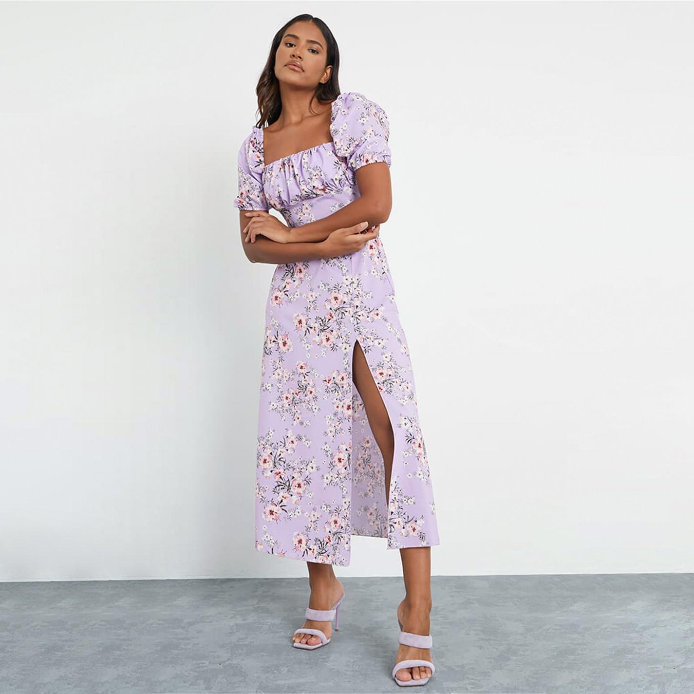 Purple - I Saw It First - Floral Print Short Puff Sleeve Midi Dress - 2