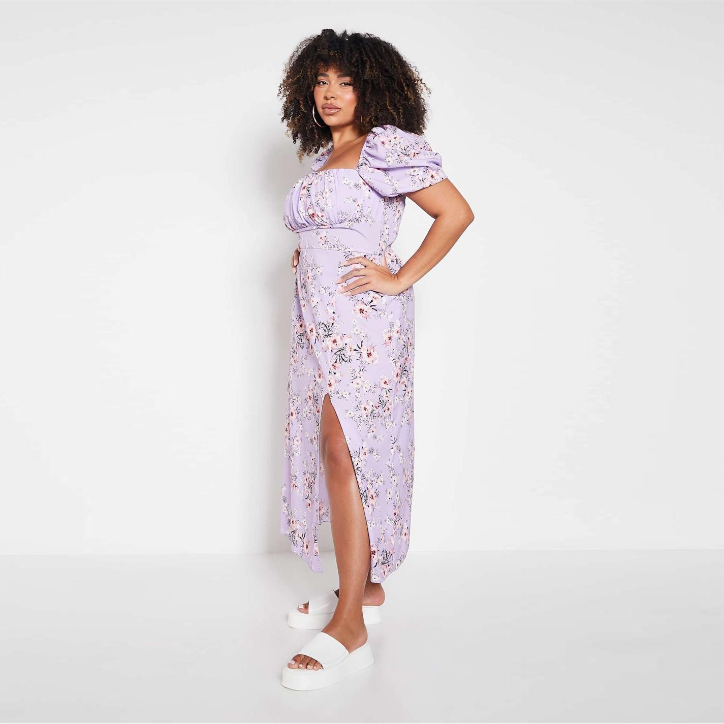 Purple - I Saw It First - Floral Print Short Puff Sleeve Midi Dress - 3