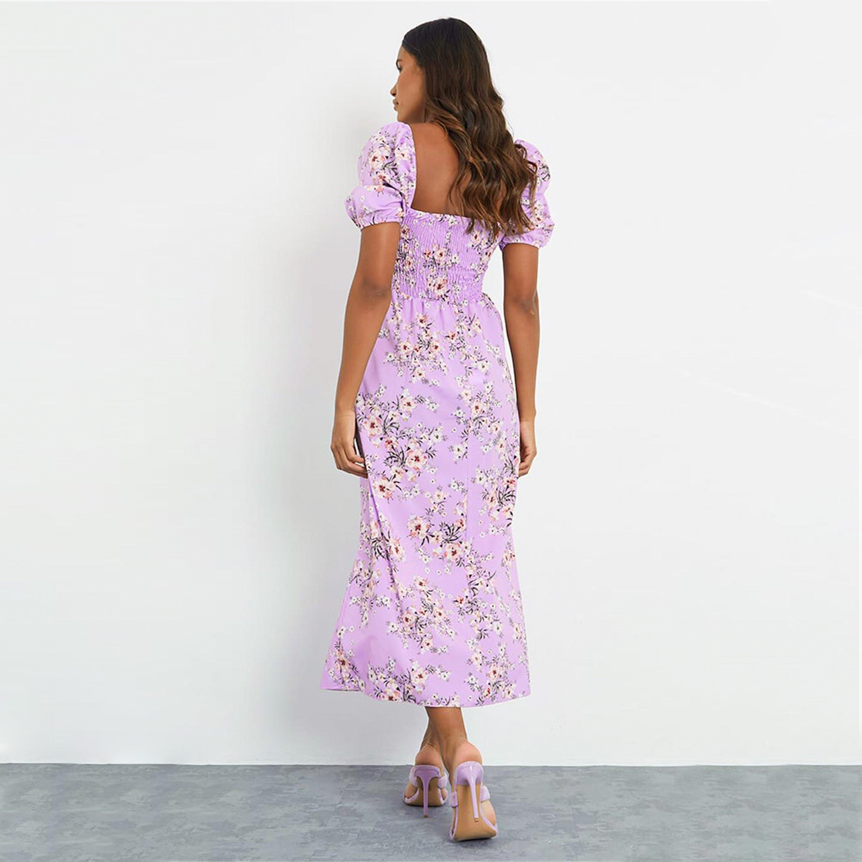 Purple - I Saw It First - Floral Print Short Puff Sleeve Midi Dress - 4