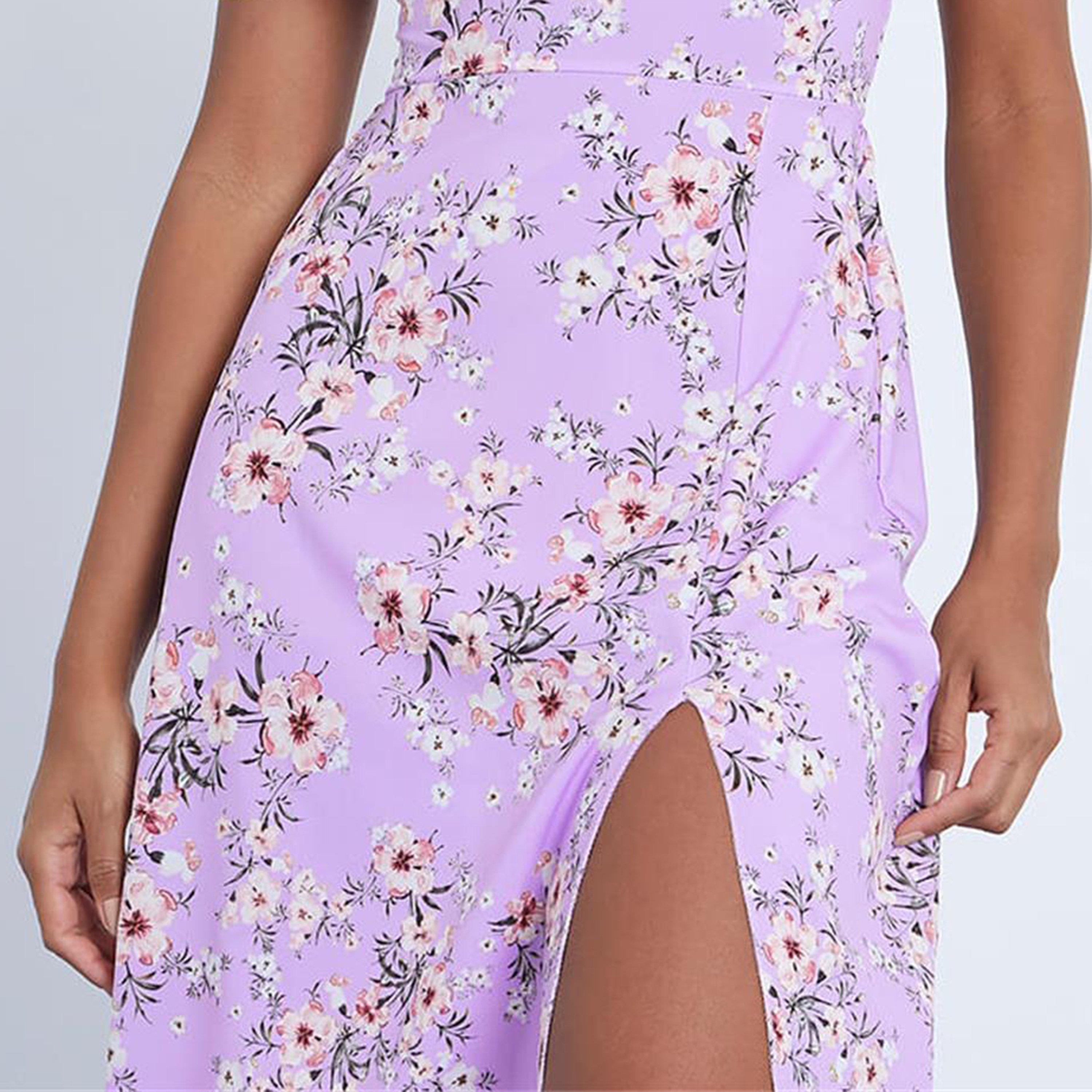 Purple - I Saw It First - Floral Print Short Puff Sleeve Midi Dress - 5