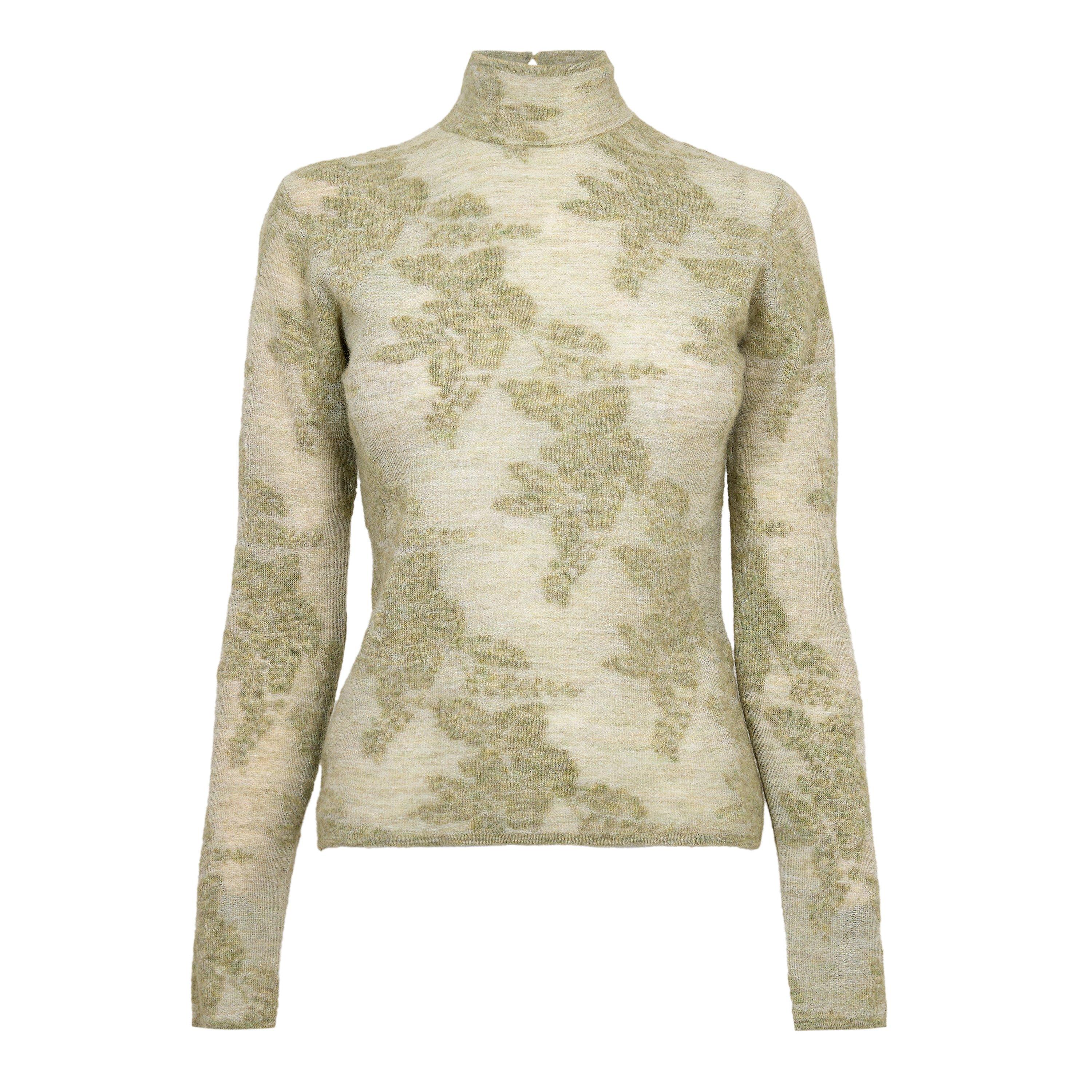 Olive Night - Ganni - Women's Sheer Flower Jacquard Long Sleeve T-Shirt - 1