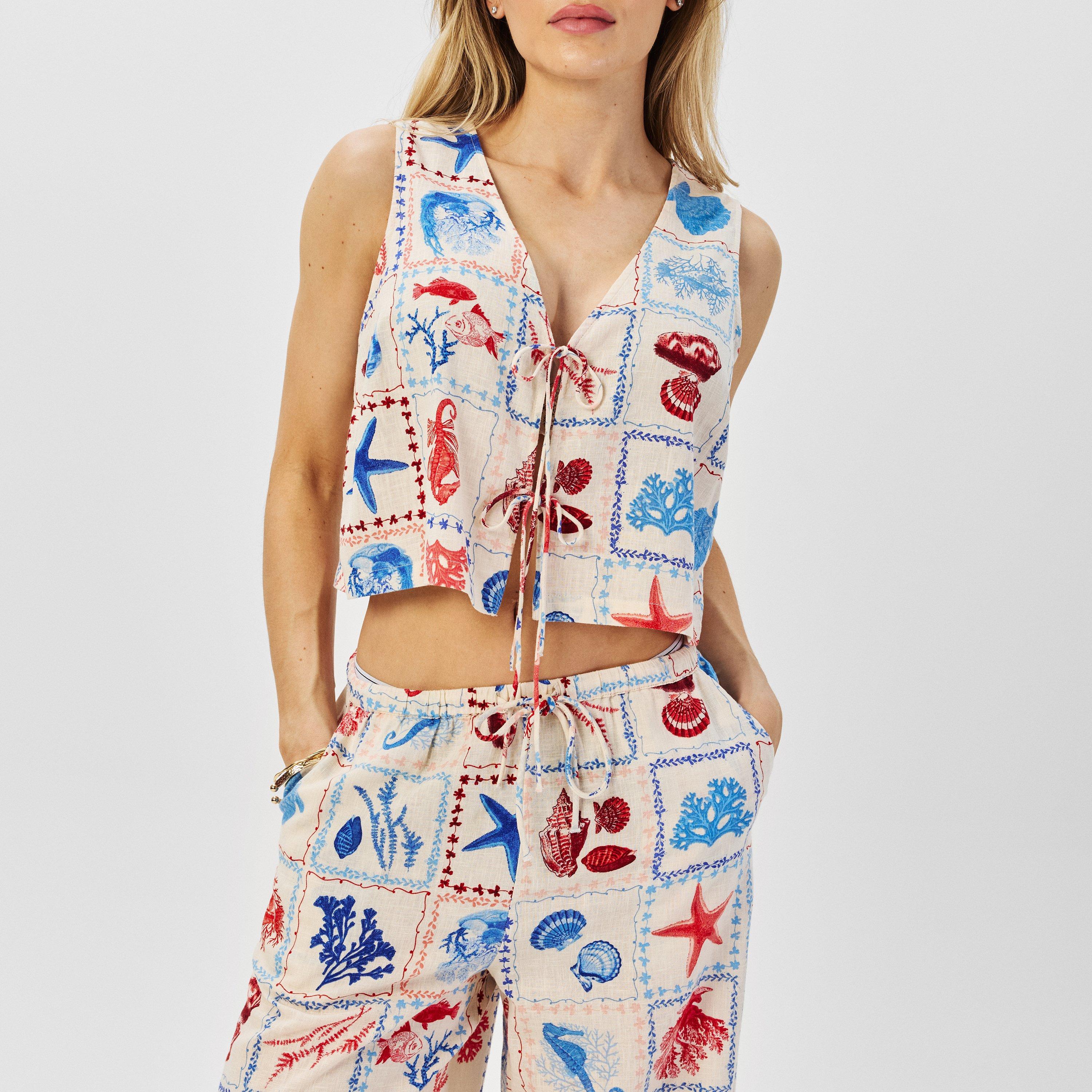 Ariel - Nobodys Child - Cream Linen-blend Shell Print Tie Front Top - 3