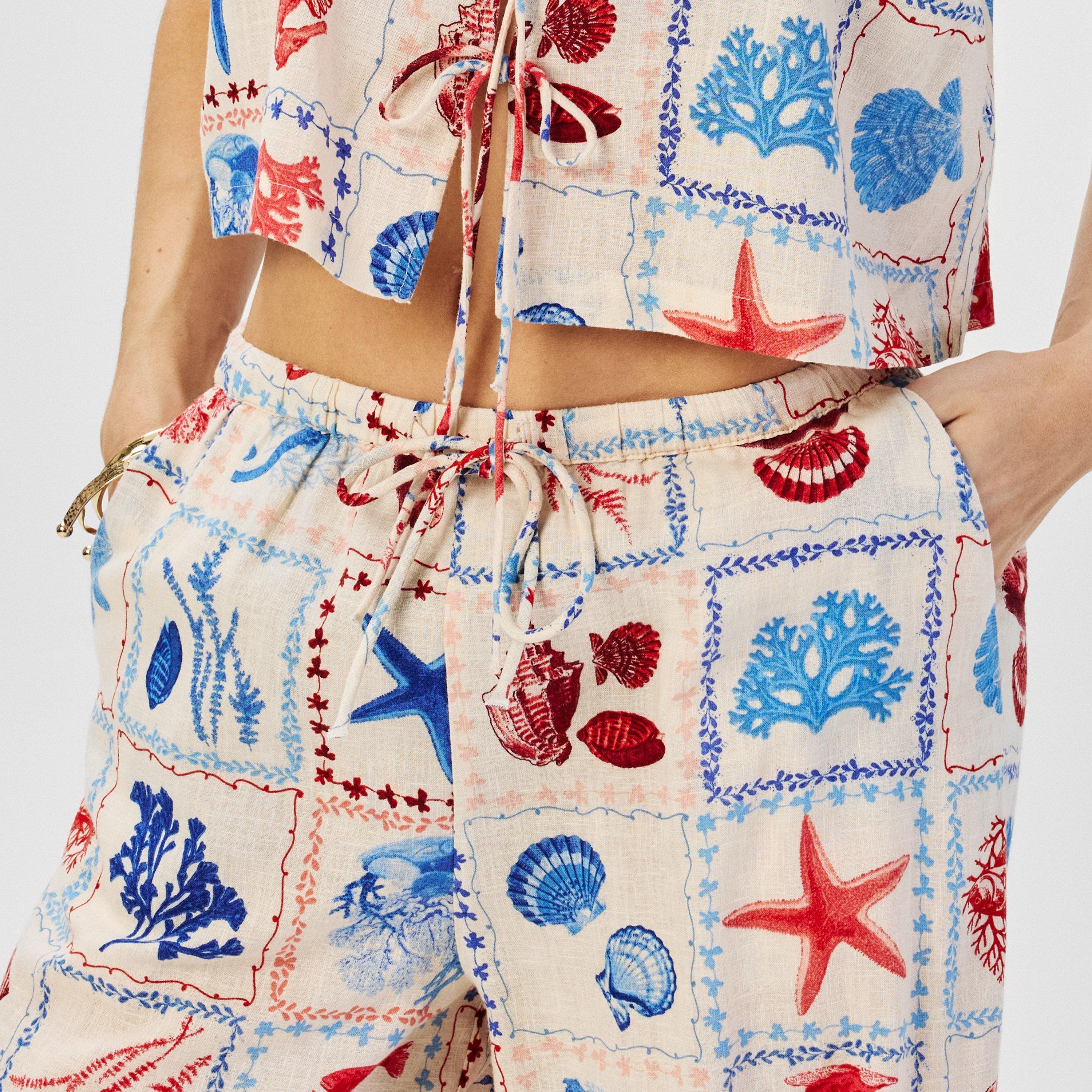 Ariel - Nobodys Child - Cream Linen-blend Shell Print Tie Front Top - 5