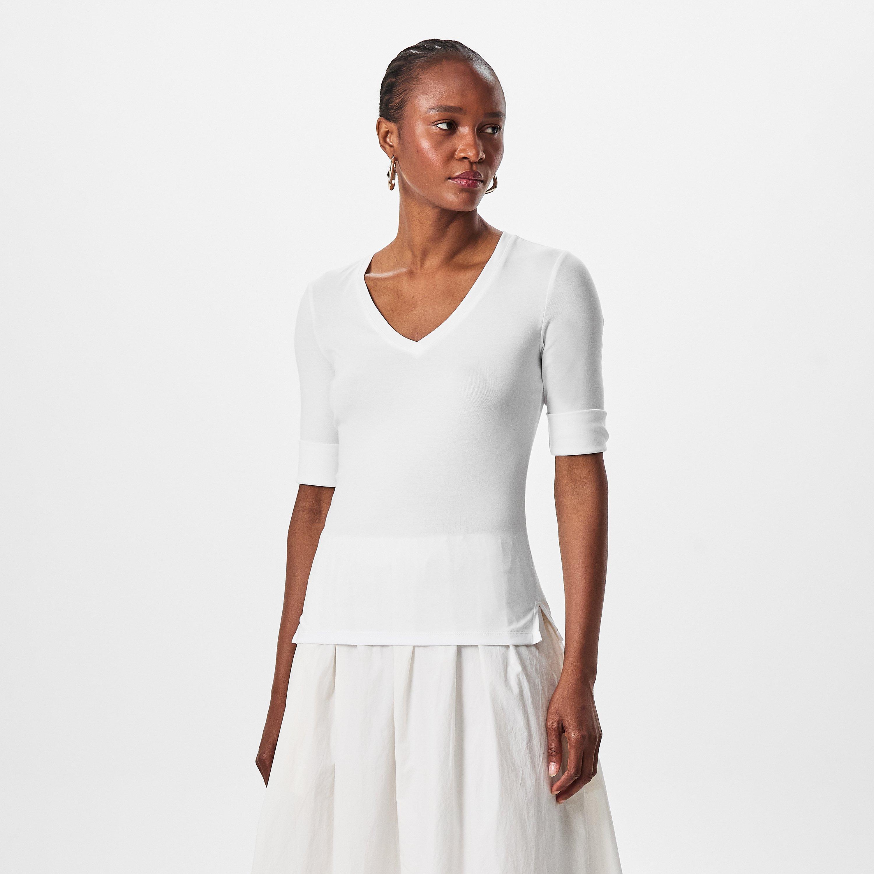 White - Lauren by Ralph Lauren - Women's Real Leather V Judy Long-Sleeve T-Shirt - 3