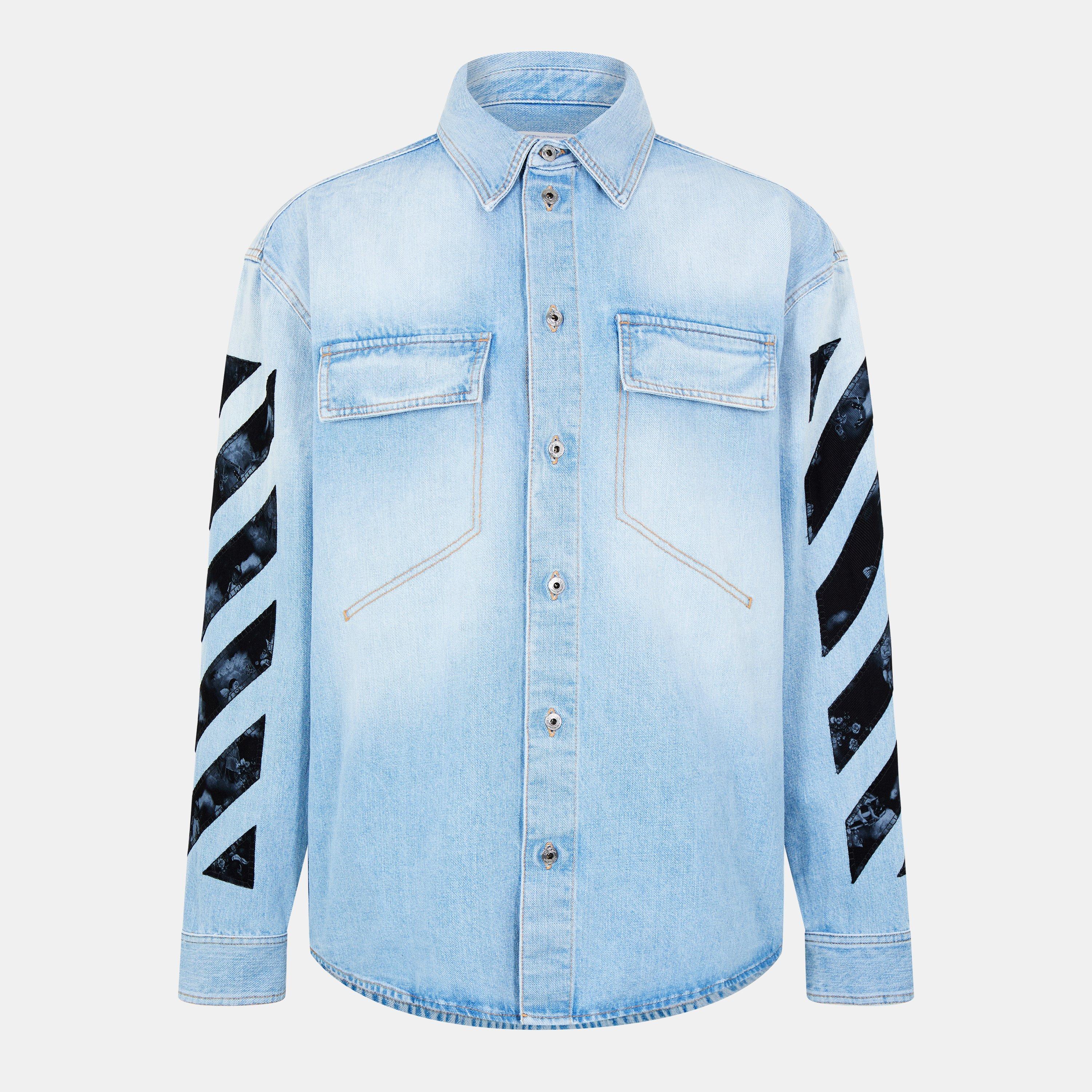 Navy Blue - Off White - Men's Long Sleeve Denim Shirt - 1