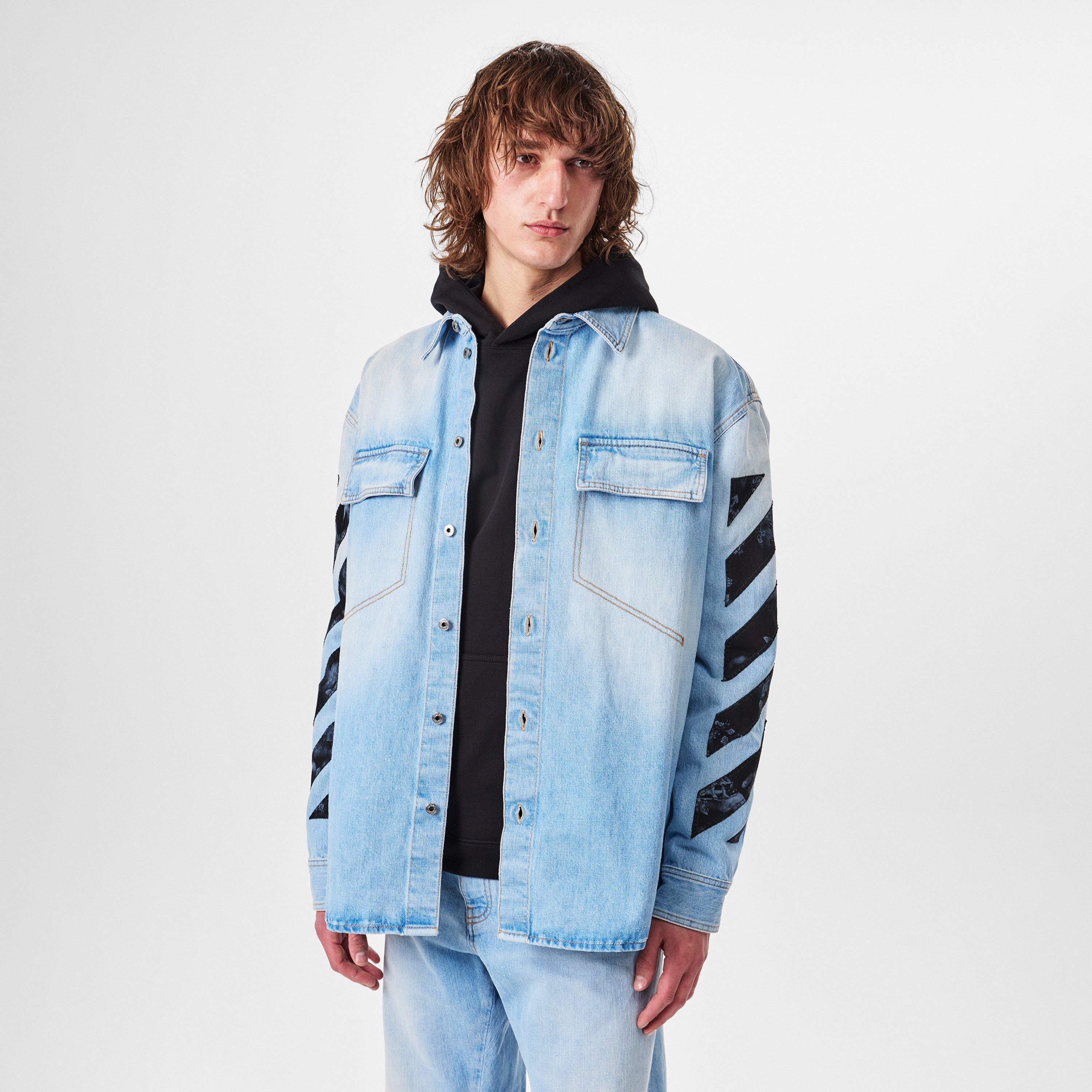 Navy Blue - Off White - Men's Long-sleeve Denim Shirt - 3