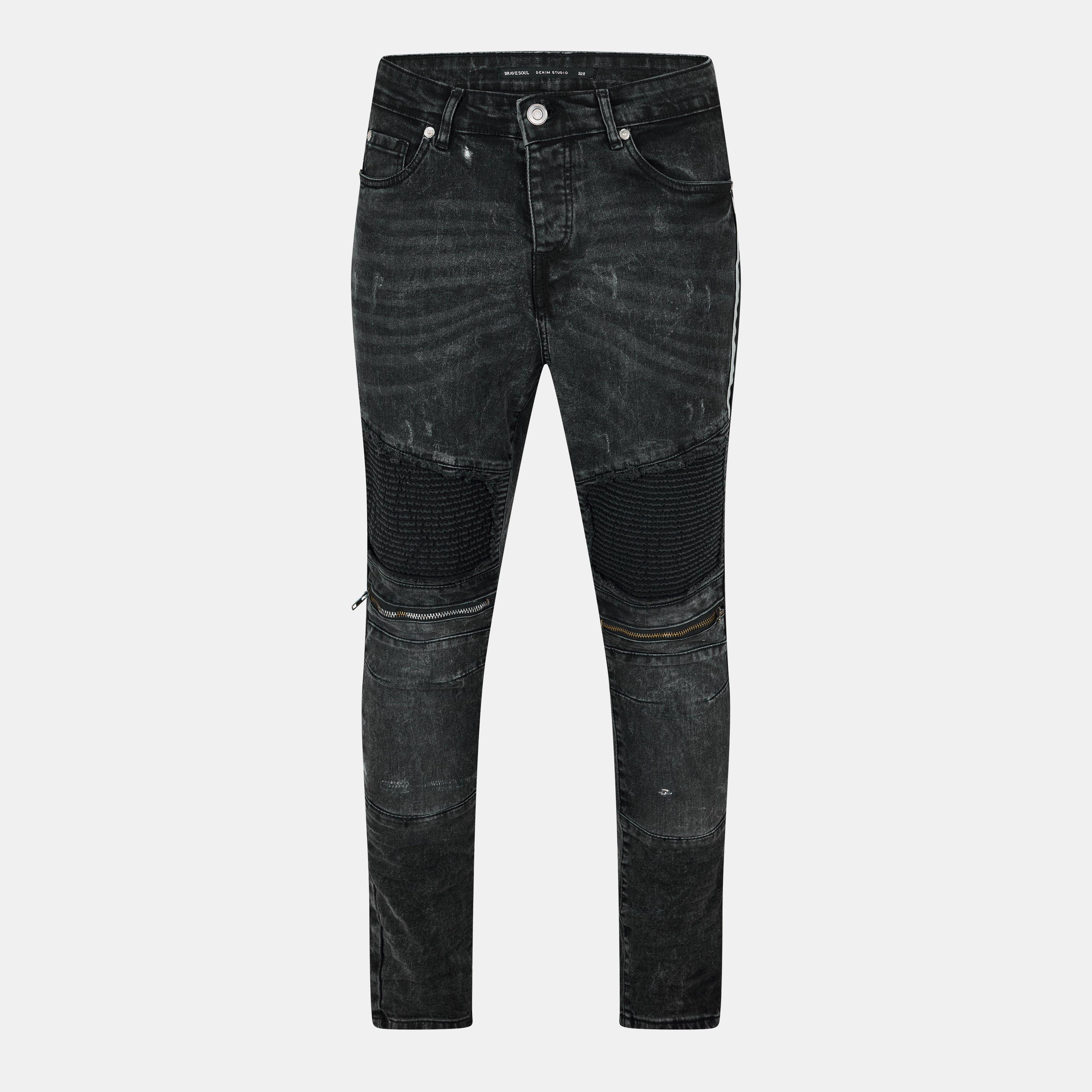 Schwarz - Brave Soul - Mens Black Wash Biker Jean with Distressed Details - 1