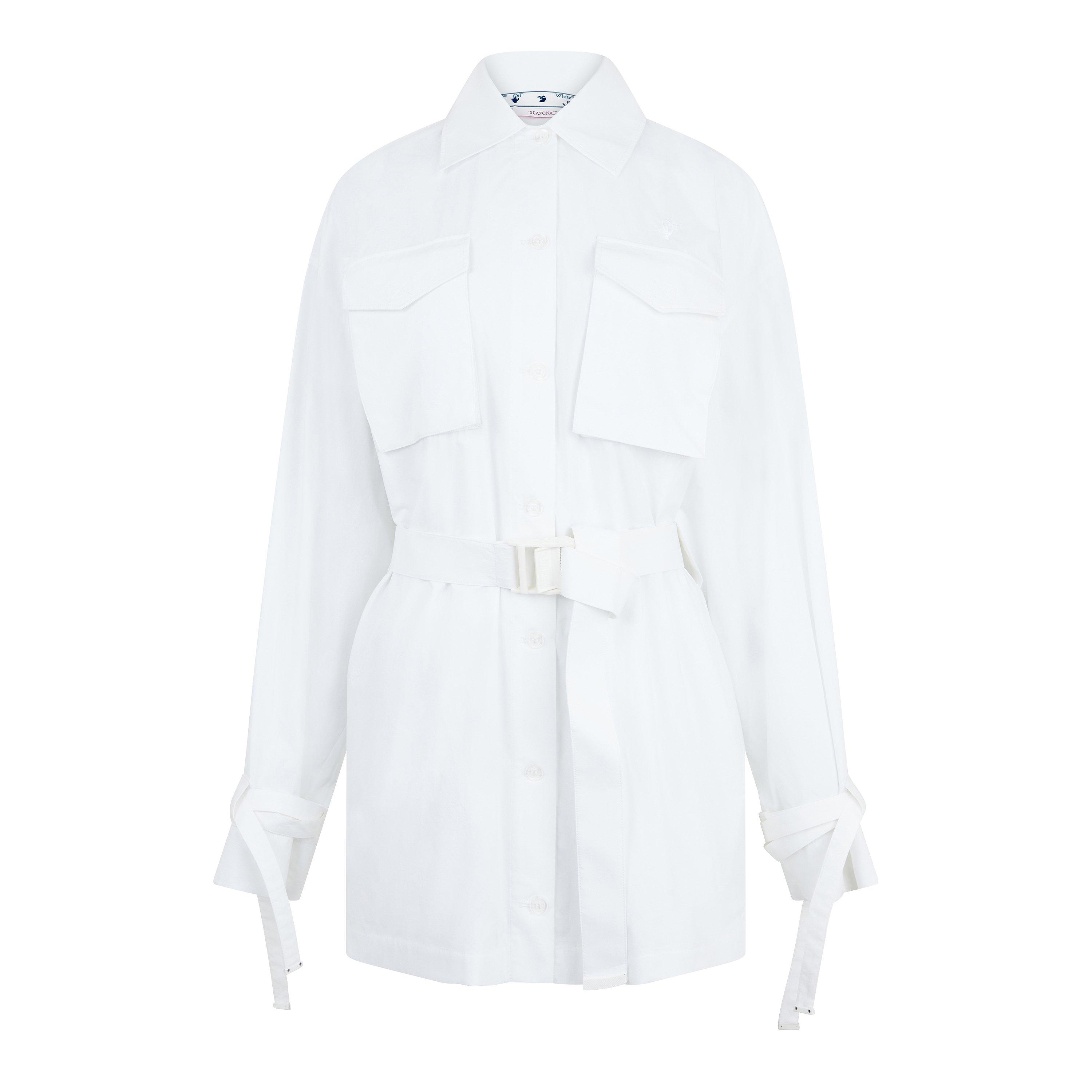 White White - Off White - Women's Short-Sleeve Cargo Shirt Dress, Poplin Fabric - 1