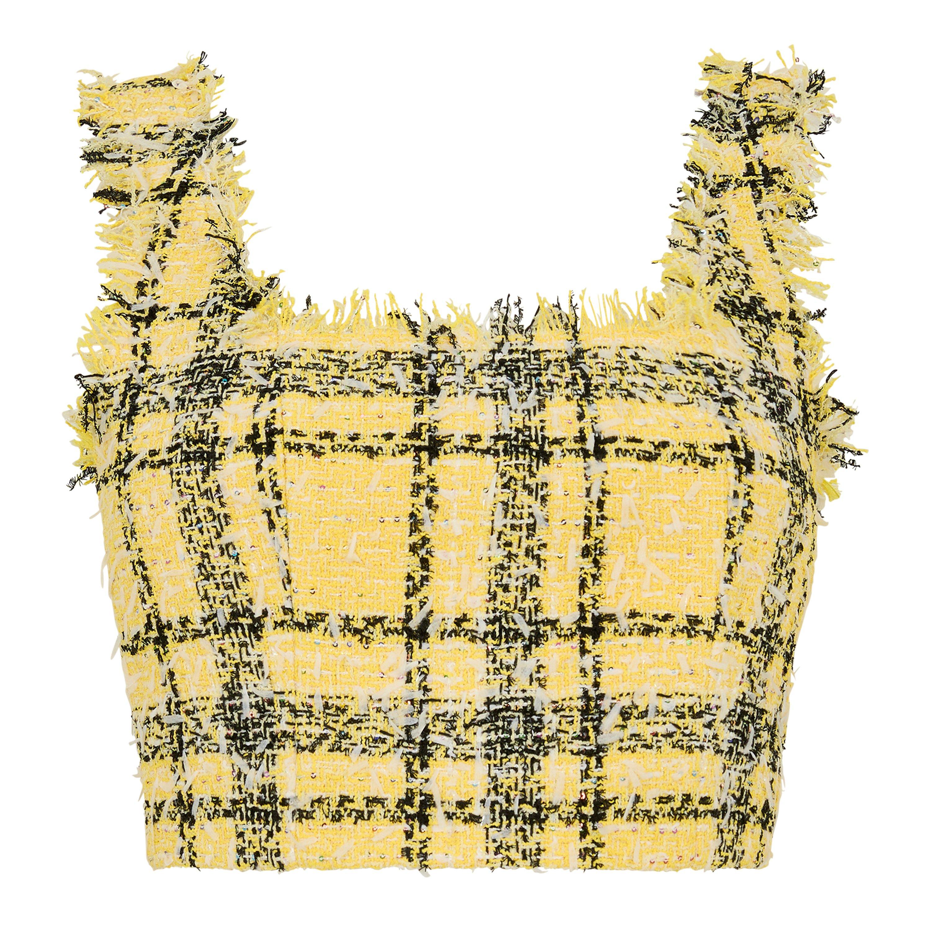 Pale Yellow - Balmain - Crop Top in Glitter Plaid Tweed - 1