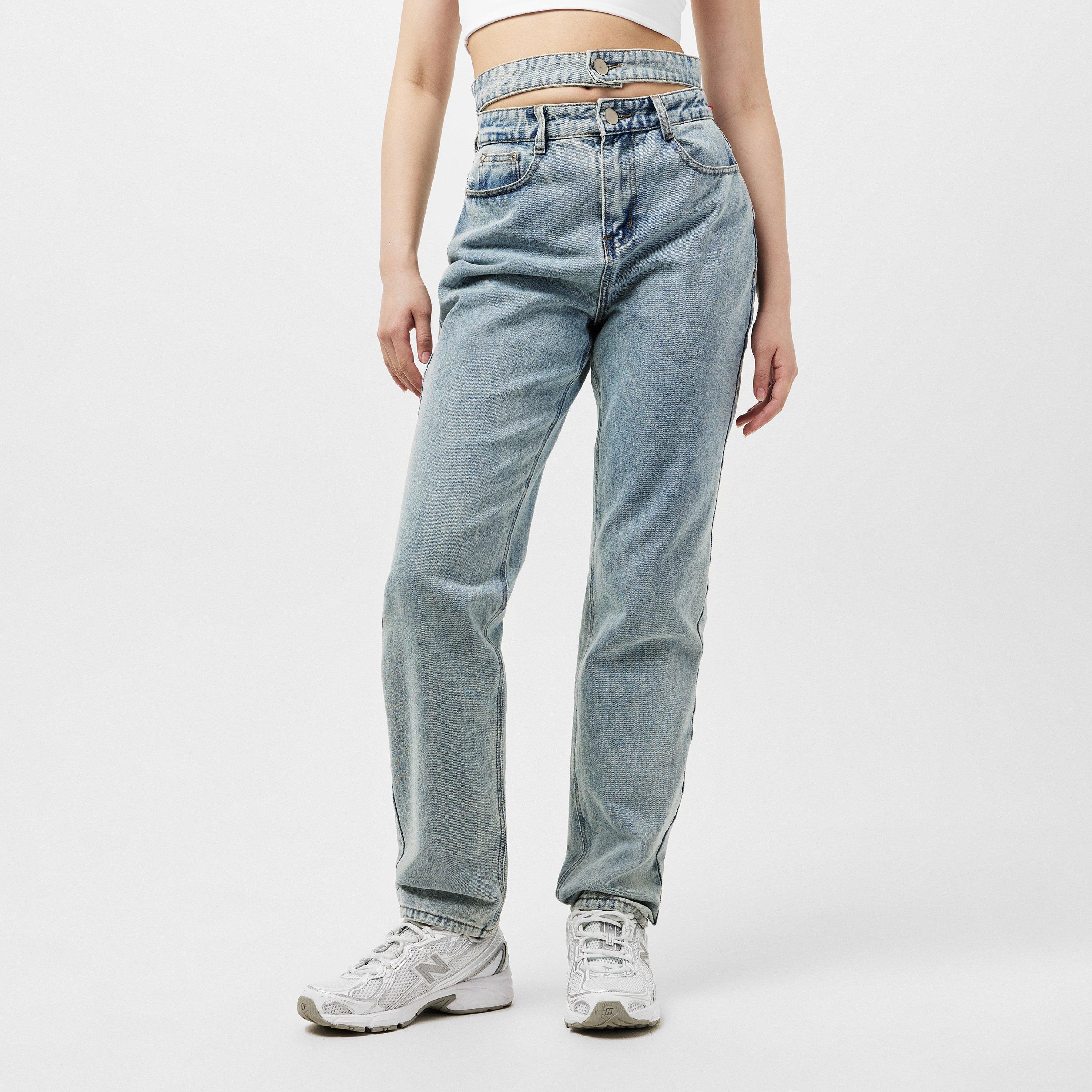 Mid Wash - Missy Empire - Denim Double Waistband Straight Leg Jeans Womens - 3