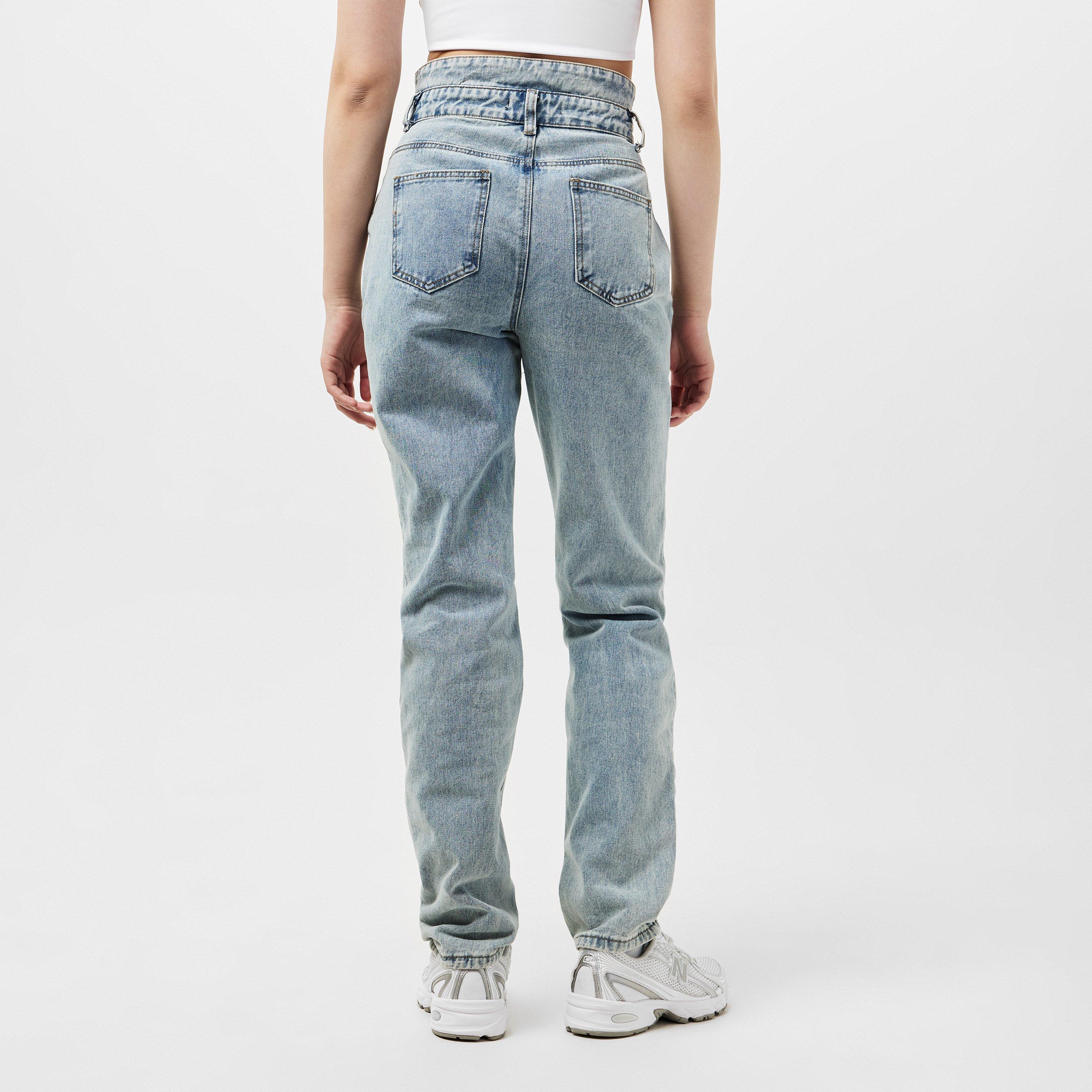 Mid Wash - Missy Empire - Denim Double Waistband Straight Leg Jeans Womens - 4