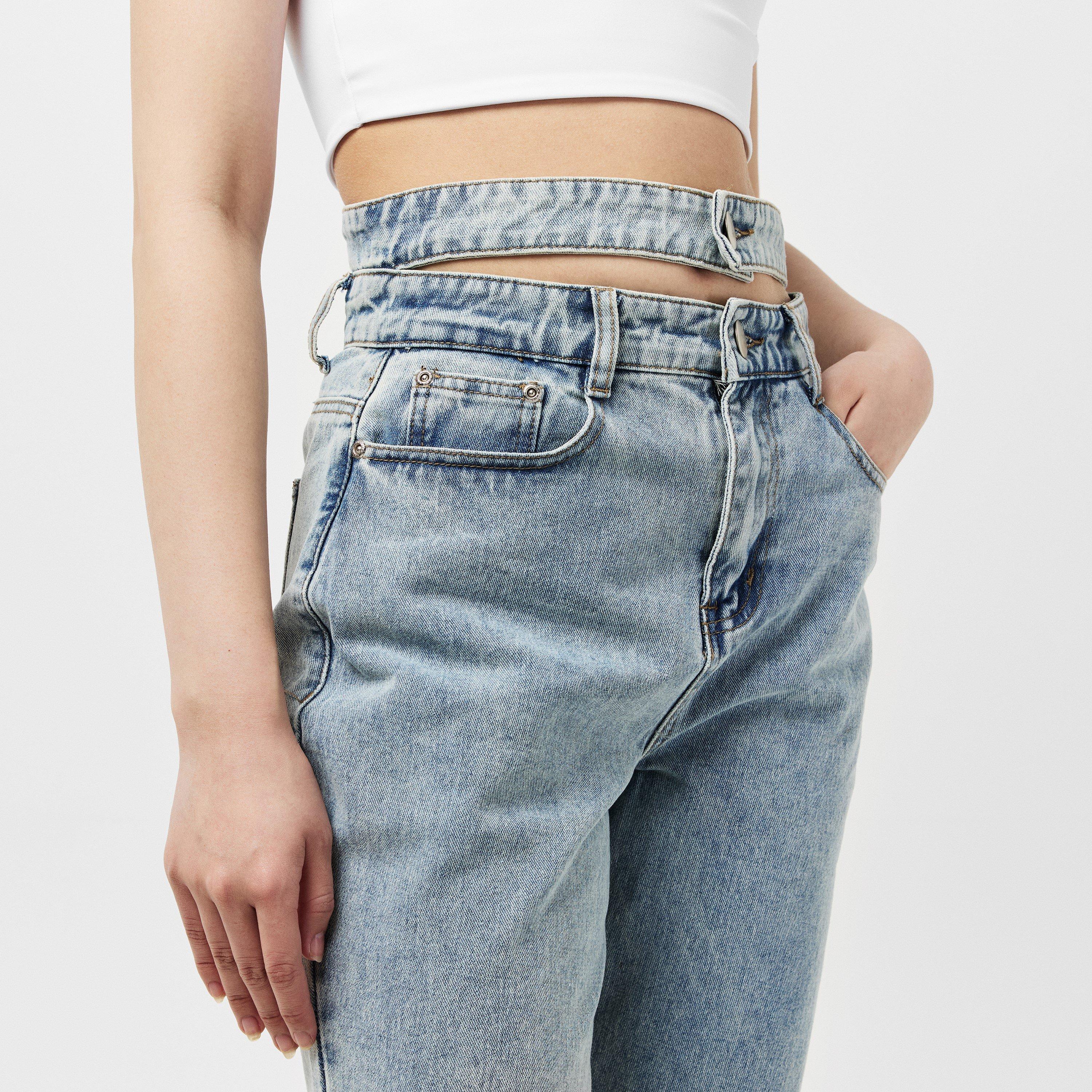 Mid Wash - Missy Empire - Denim Double Waistband Straight Leg Jeans Womens - 5