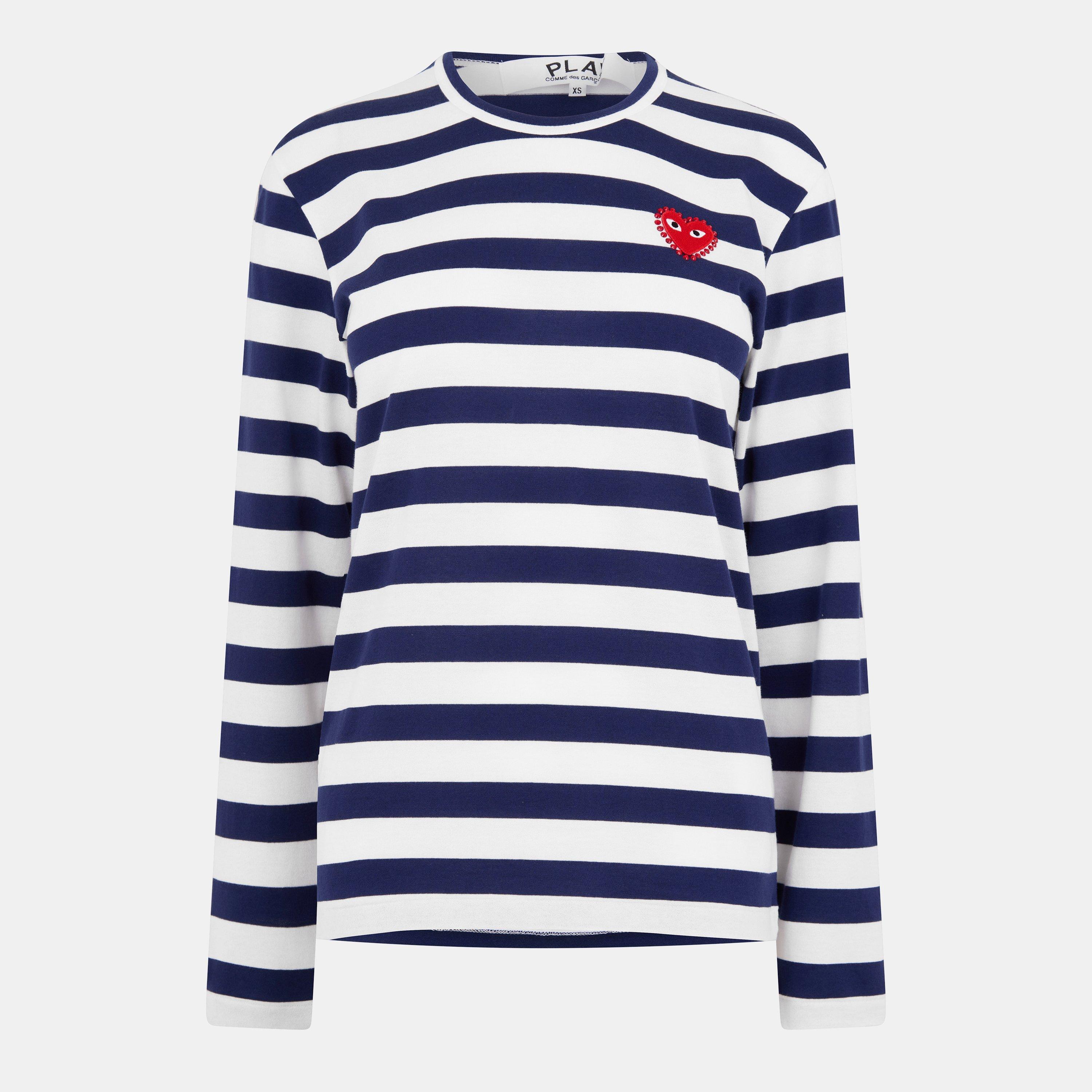 Blue/Wht - Comme des Garcons PLAY - Women's Heart Logo Long Sleeve T-Shirt - 1