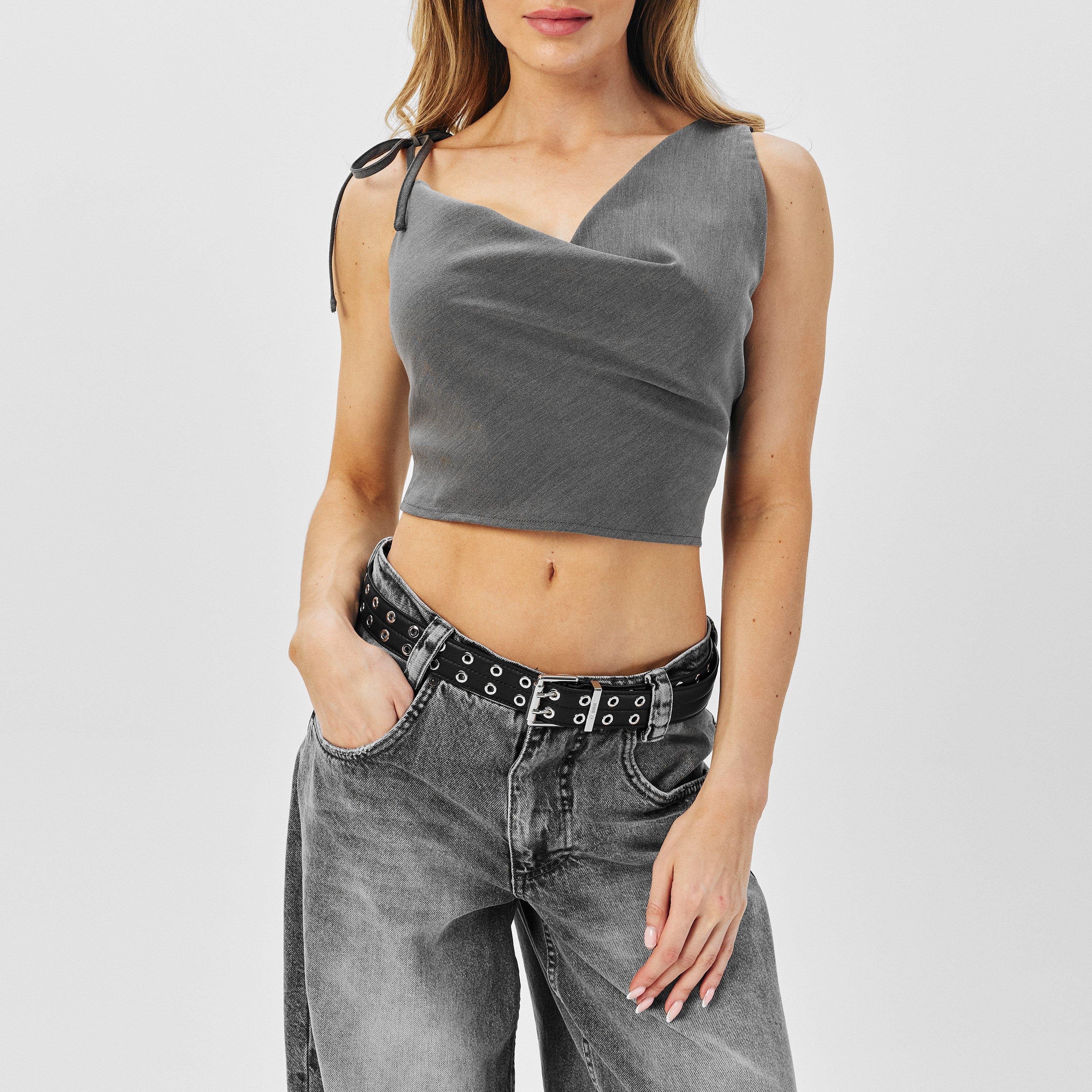 Grijs - Missy Empire - Asymmetric Cowl Neck Top Womens - 3