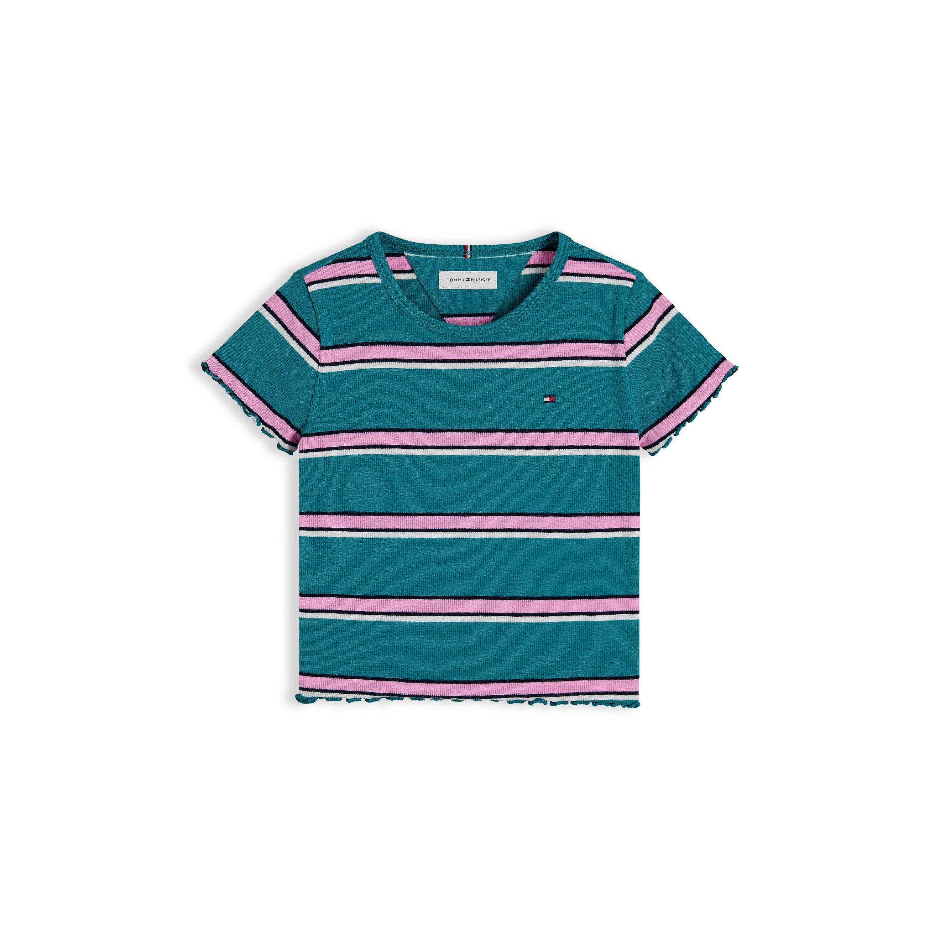 Tommy Hilfiger Girls Essential Rib Top Ss - Teal Stripe Ct3 - 16Y