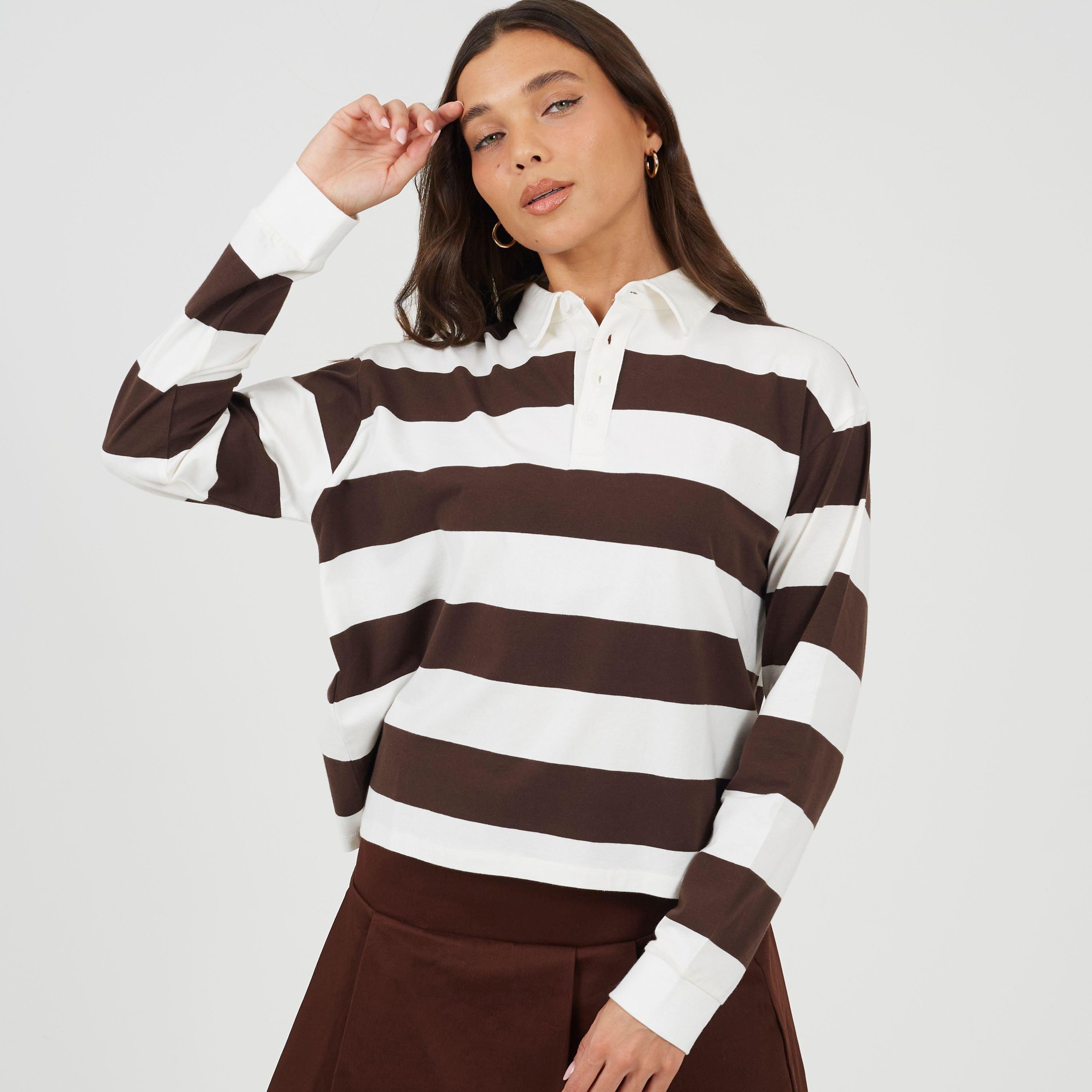 BS Womens Rugby Style Long Sleeve Top with Stripe