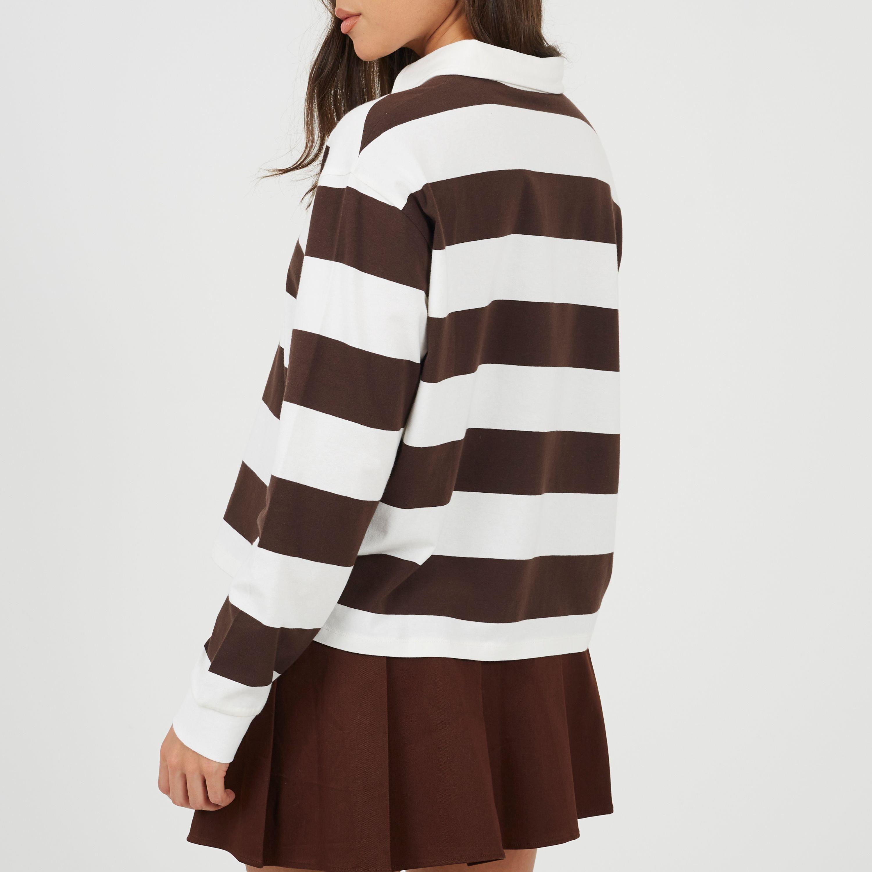 Choc/Cream - Brave Soul - BS Womens Rugby Style Long Sleeve Top with Stripe - 2