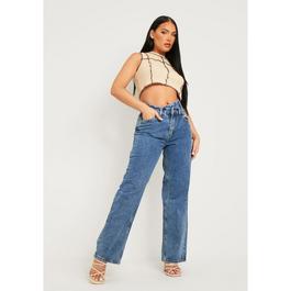 Missy Empire Mid Wash Waist Button Detail Loose Fit Straight Leg Jeans