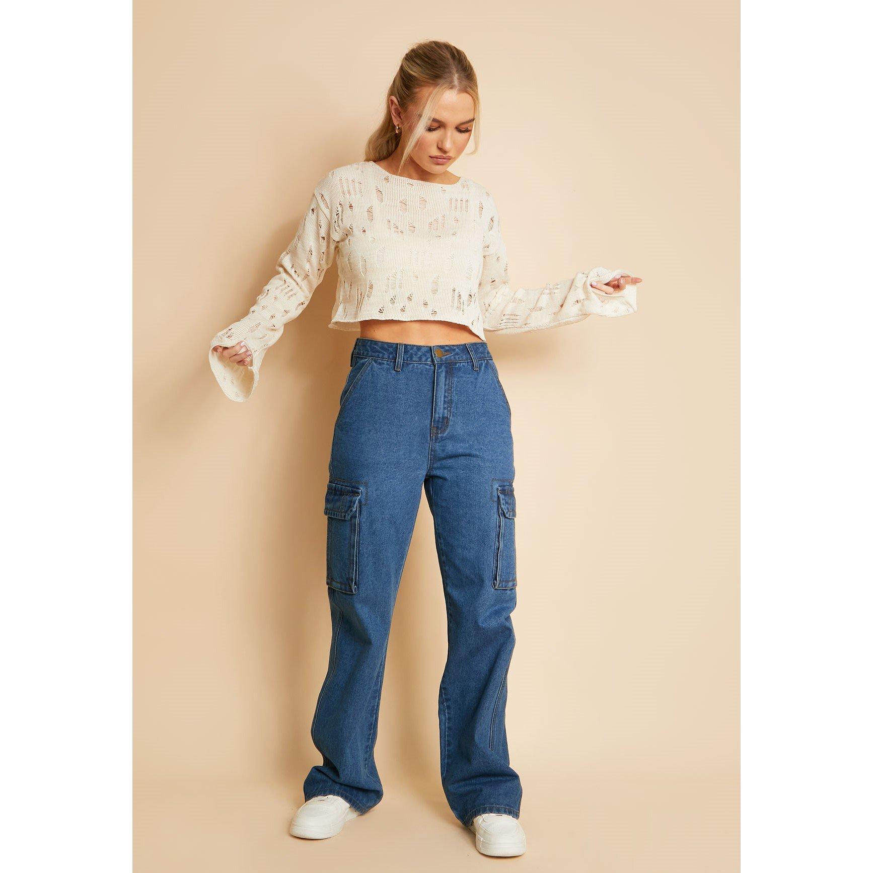 Blue - Missy Empire - Mid Wash Denim Cargo Straight Leg Jeans