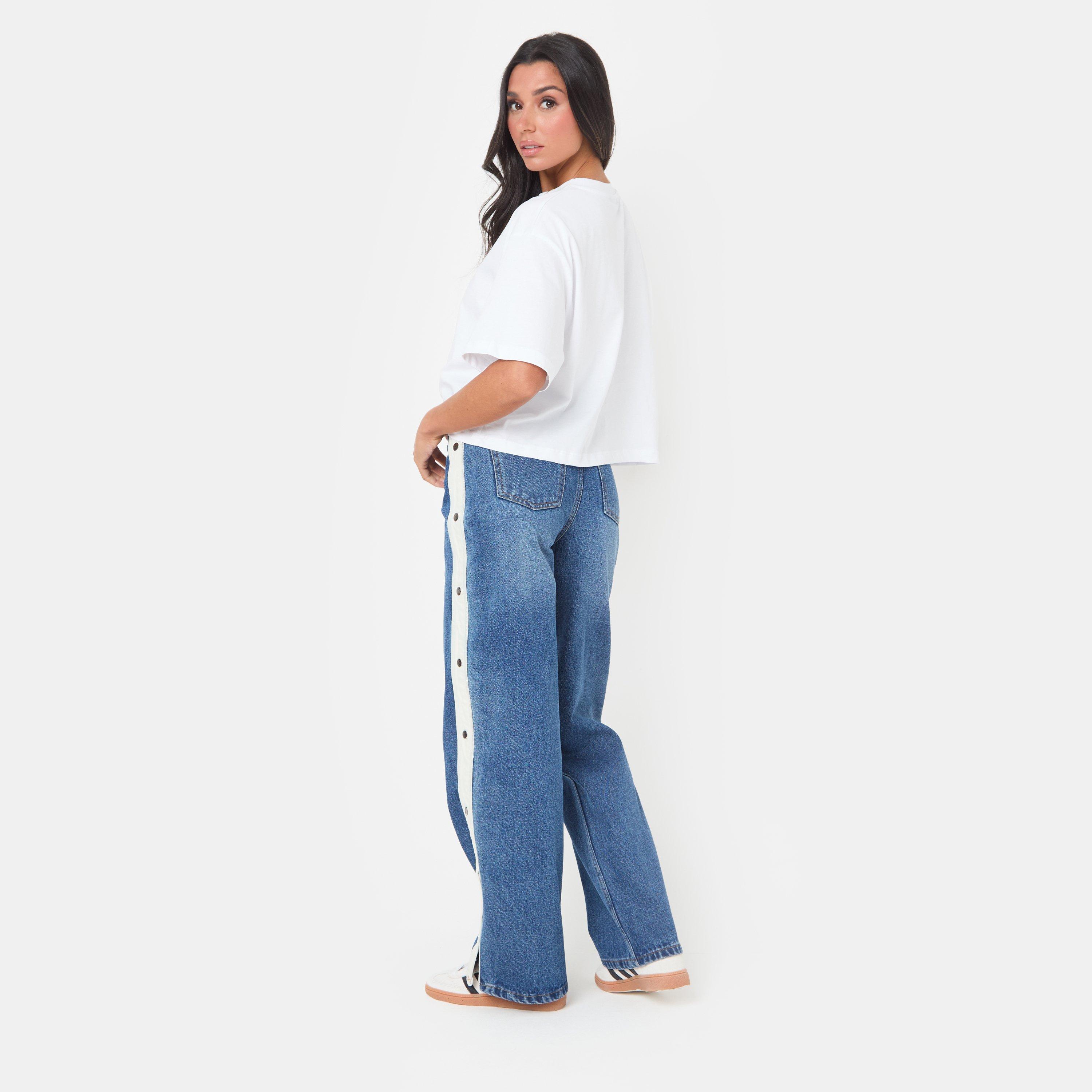 Dark Wash - I Saw It First - Popper Side Stripe Wide Leg Jean - 4