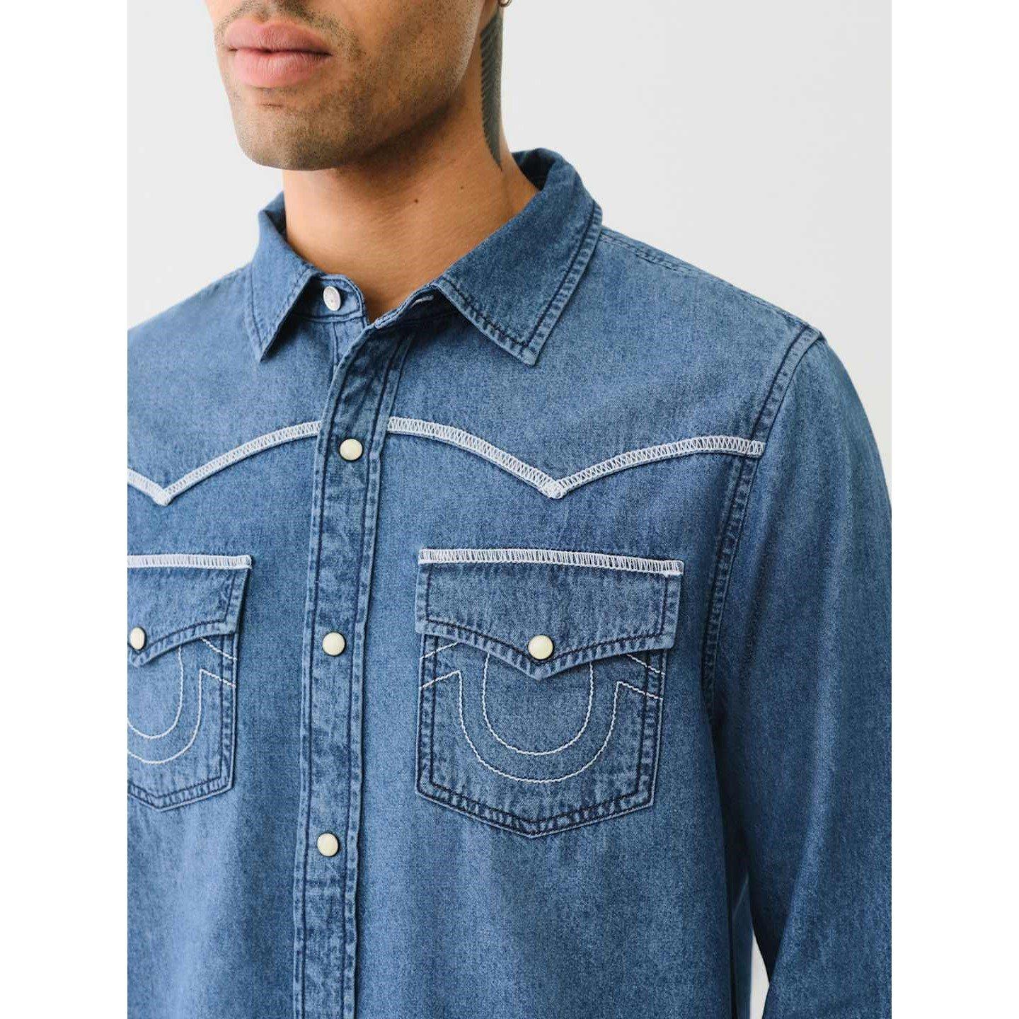 Med Chambray - True Religion - Chambray Long Sleeve Flannel Shirt Mens - 3