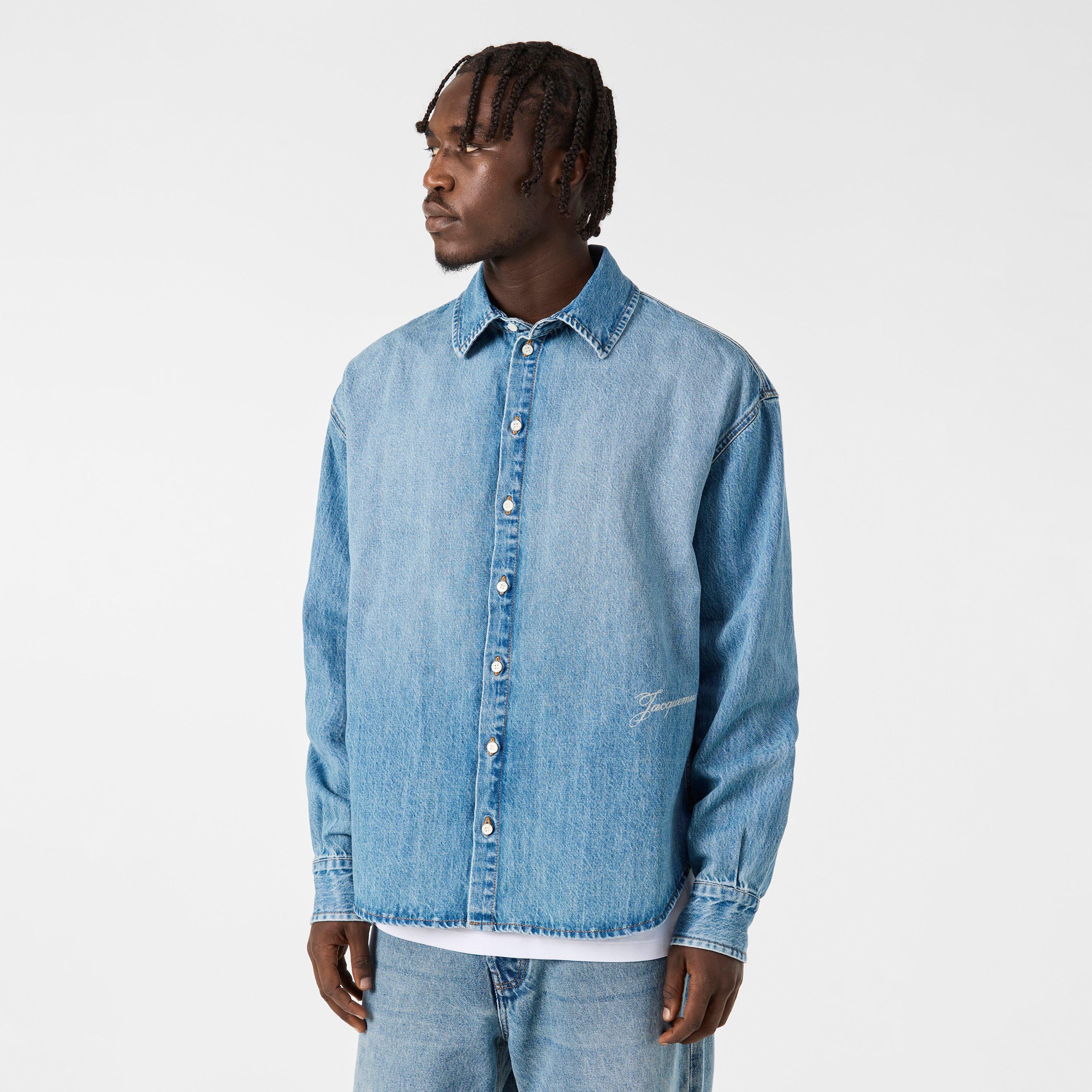 Blue - Jacquemus - Men's Jacquard Logo Long-Sleeve Denim Shirt - 3